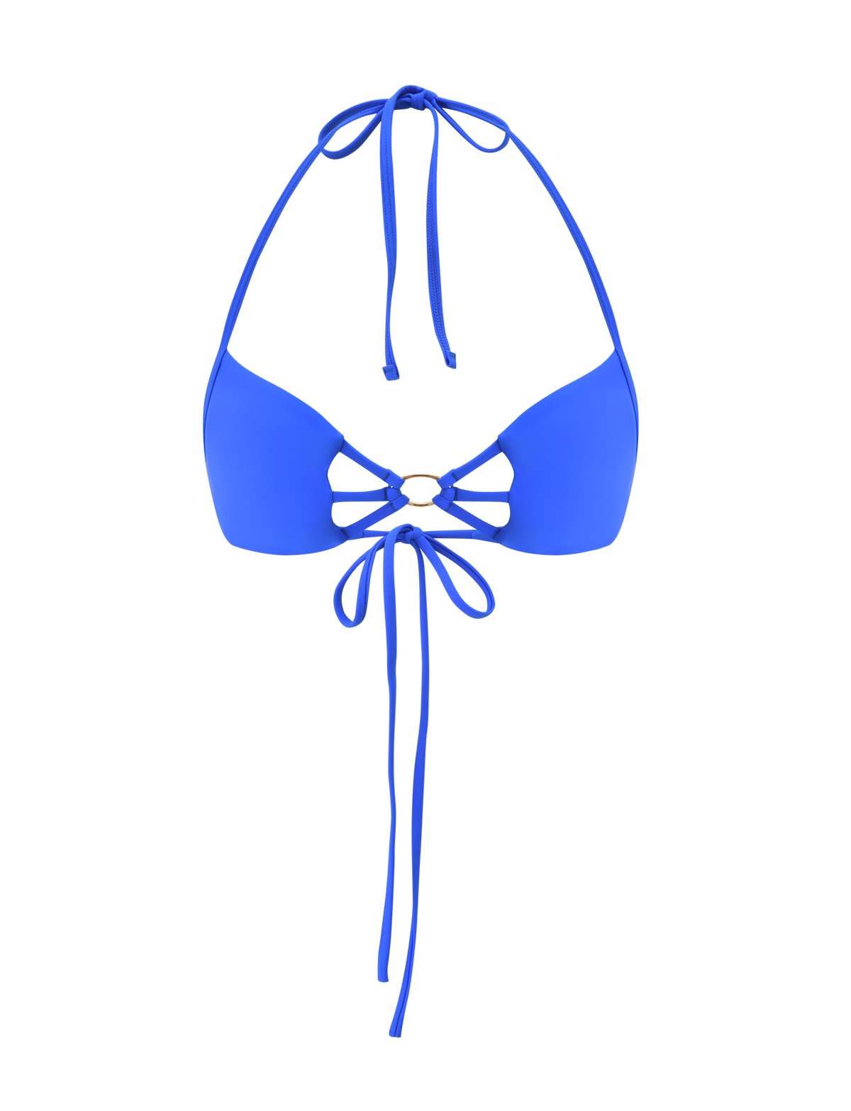 The SHARLI BIKINI TOP by TIGERMIST in cobalt blue features a halter neck, long tie straps, a gold center ring, and a chic cut-out between the cups.