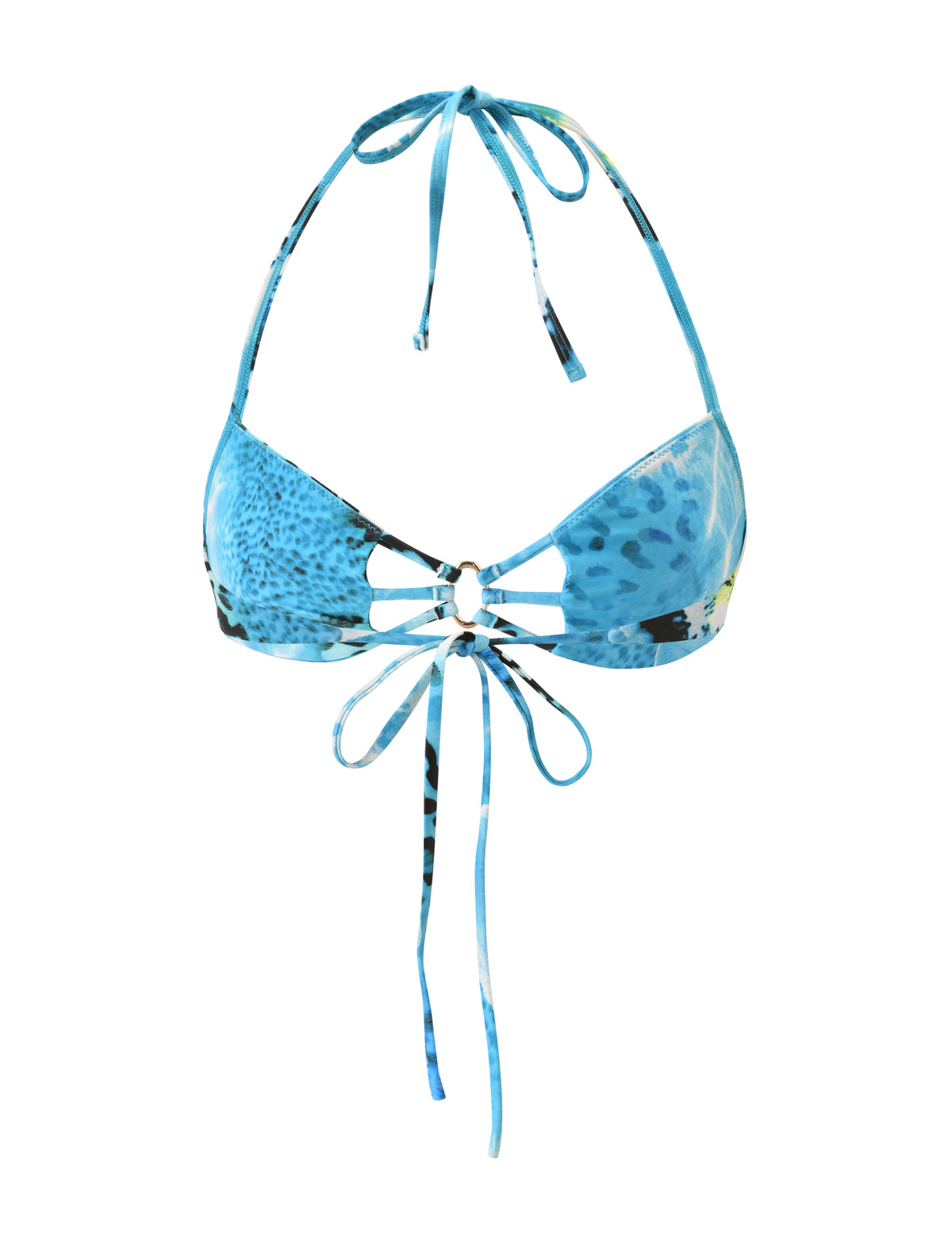 SHARLI BIKINI TOP - OCEAN ORCHID: blue floral print halter bikini top with a center ring and tie-front closure.