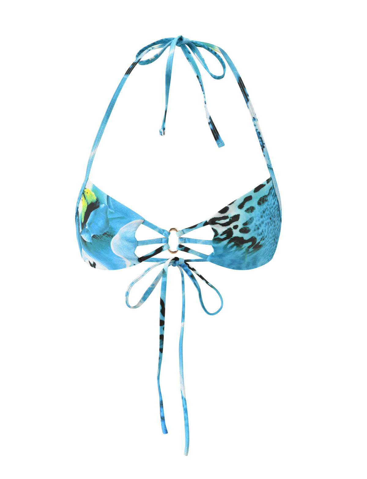 TIGERMIST SHARLI BIKINI TOP - OCEAN ORCHID: a blue floral and animal print halter bikini top featuring a central metal ring and tie closures.
