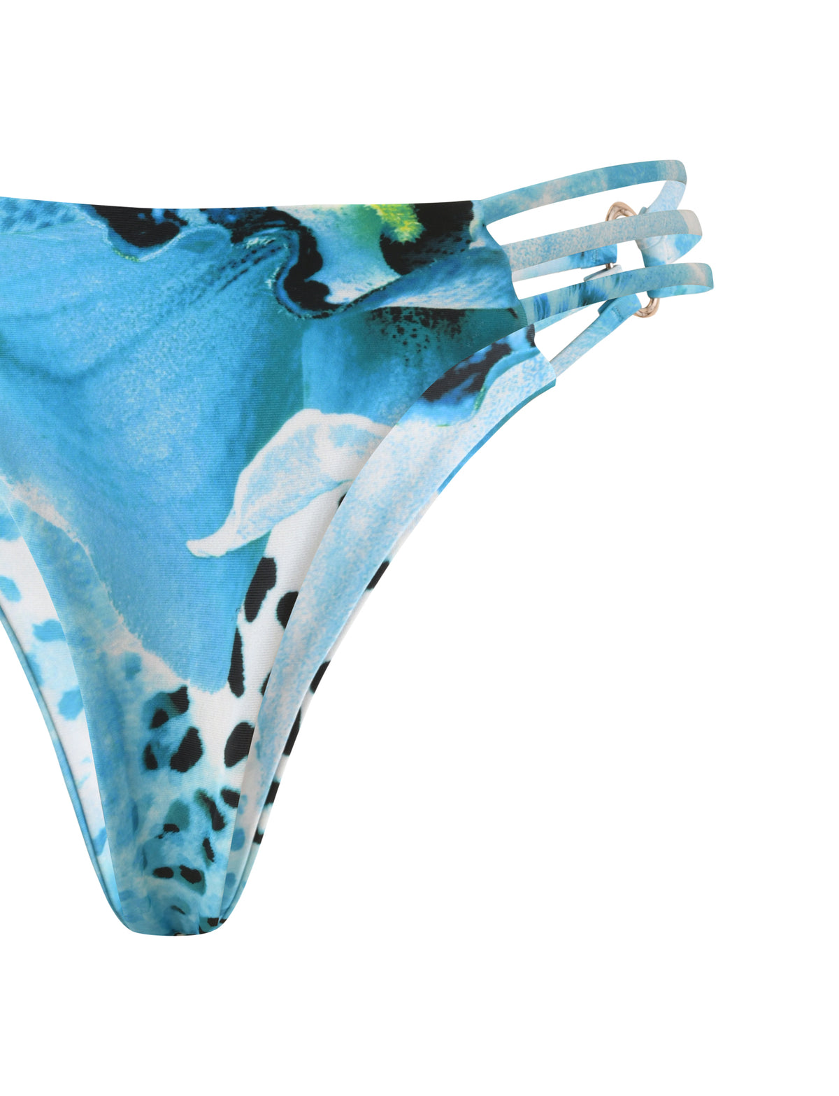 SHARLI BIKINI BOTTOM - OCEAN ORCHID: blue and white floral print cheeky bikini bottoms featuring three thin side straps connected by a small gold ring.