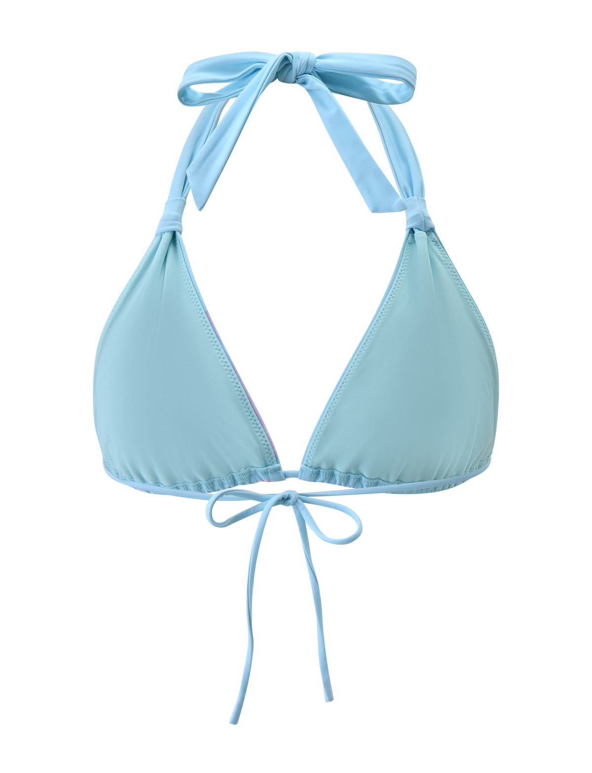 The SID BIKINI TOP - BLUE by TIGERMIST features a light blue hue, halter neck, and adjustable back tie closures, shown on a plain white background.