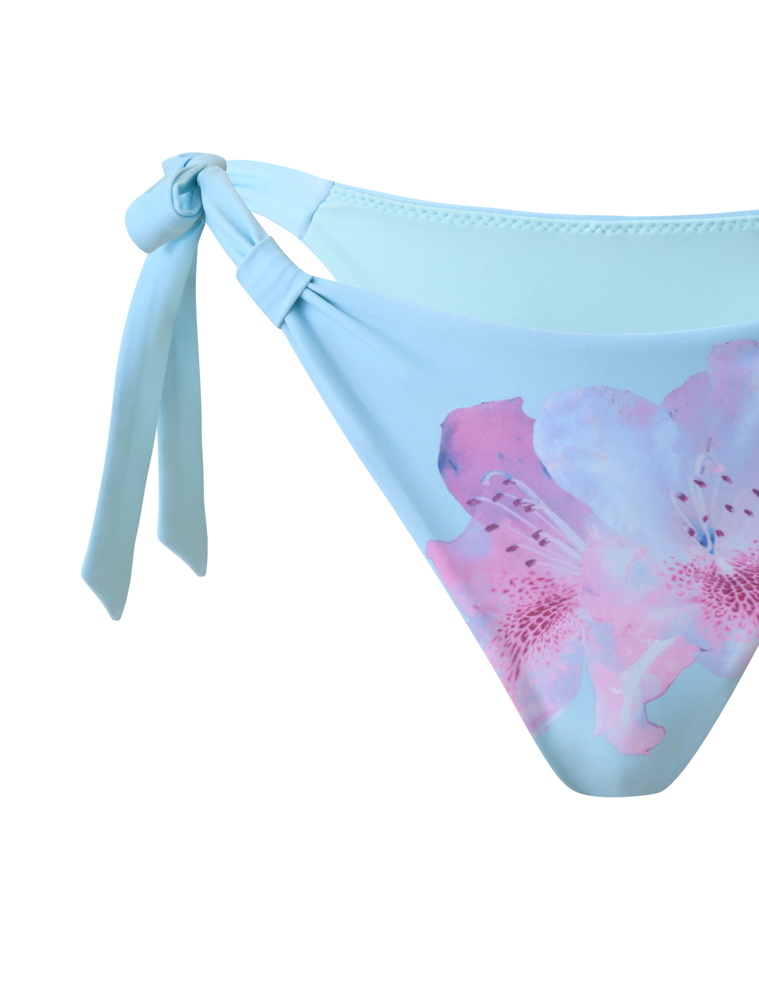 The SID BIKINI BOTTOM - BLUE by TIGERMIST features an adjustable waistline, a left side tie, and a pink and purple floral print on the right, set against a plain white background.