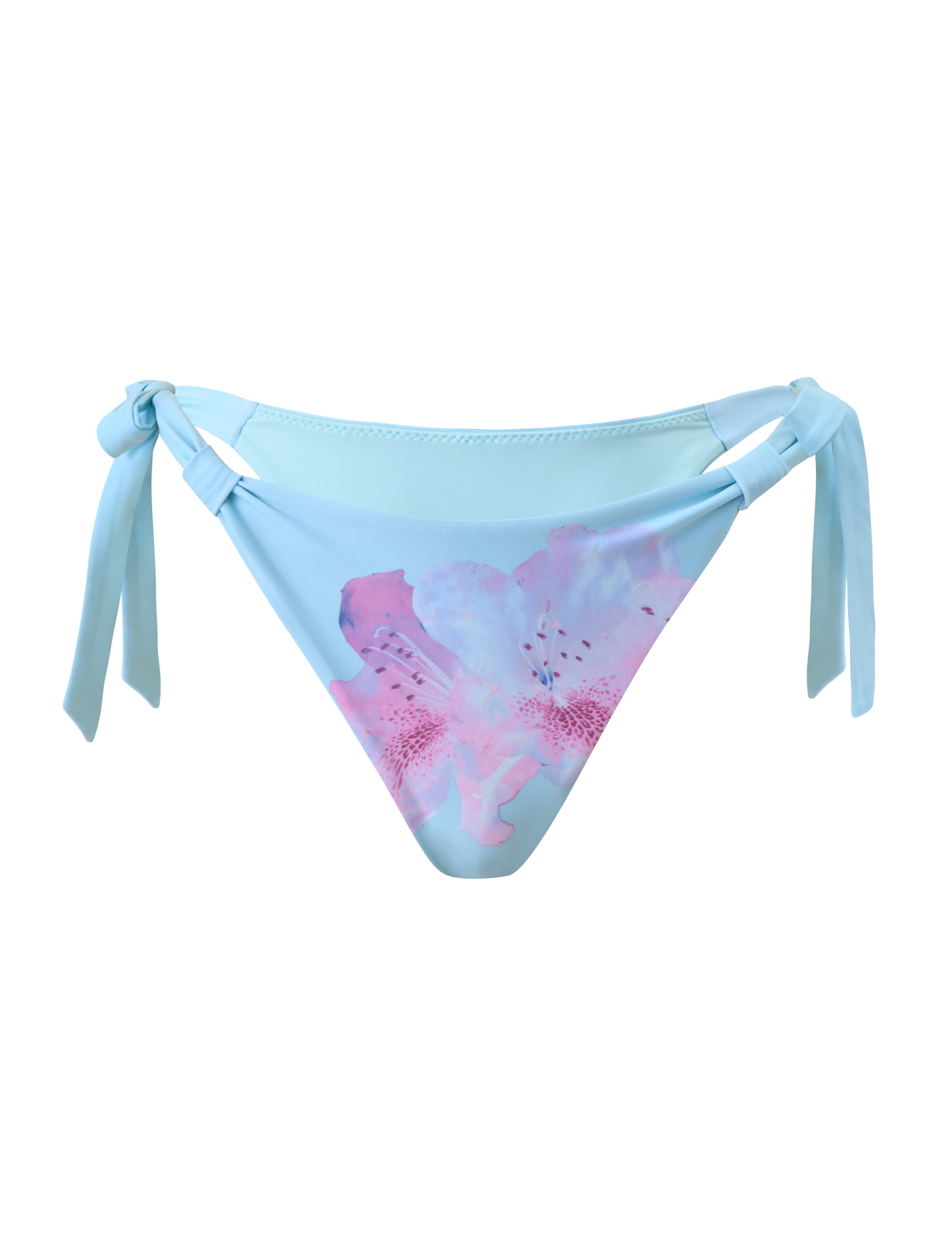 The SID BIKINI BOTTOM - BLUE by TIGERMIST features an adjustable waist with side ties, a large pink, white, and purple floral print on the front, and is shown against a white background.