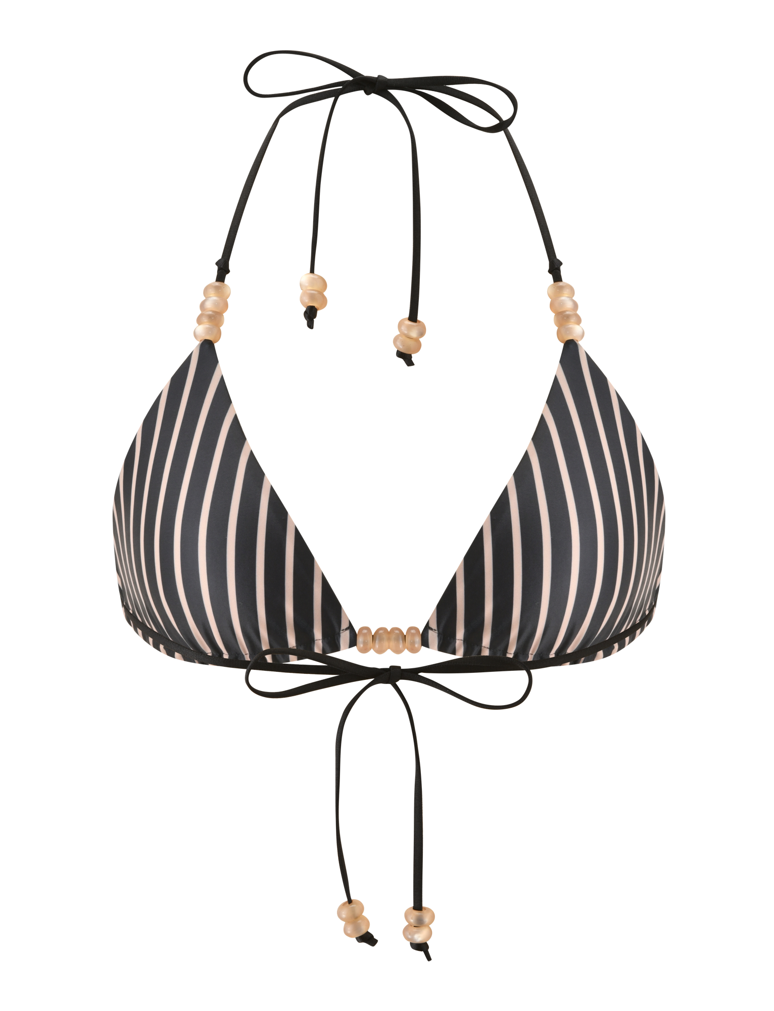 The TIGERMIST FINLEA REVERSIBLE BIKINI TOP in black and tan features adjustable neck and back ties, striped reversible styling, and beige bead accents on the straps.