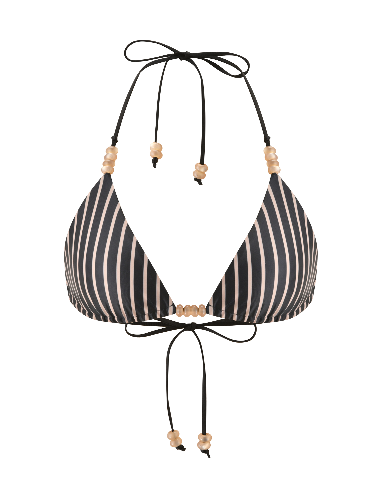 The FINLEA REVERSIBLE BIKINI TOP by TIGERMIST features black and tan stripes, adjustable triangle cups, halter neck, back ties, and beaded accents on the straps and center.