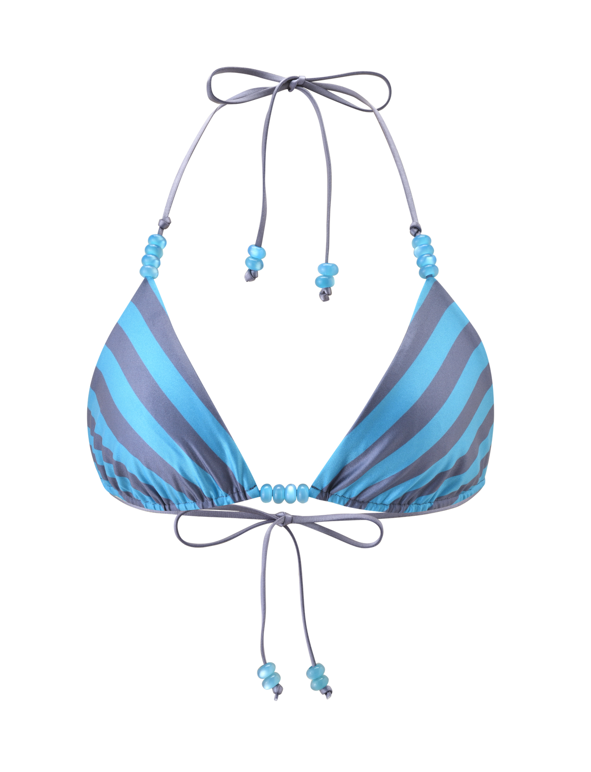 The TIGERMIST FINLEA REVERSIBLE BIKINI TOP - BLUE GREY DOT AND STRIPE features halter neck and back ties with blue bead accents. This stylish top is reversible and showcased on a white background.