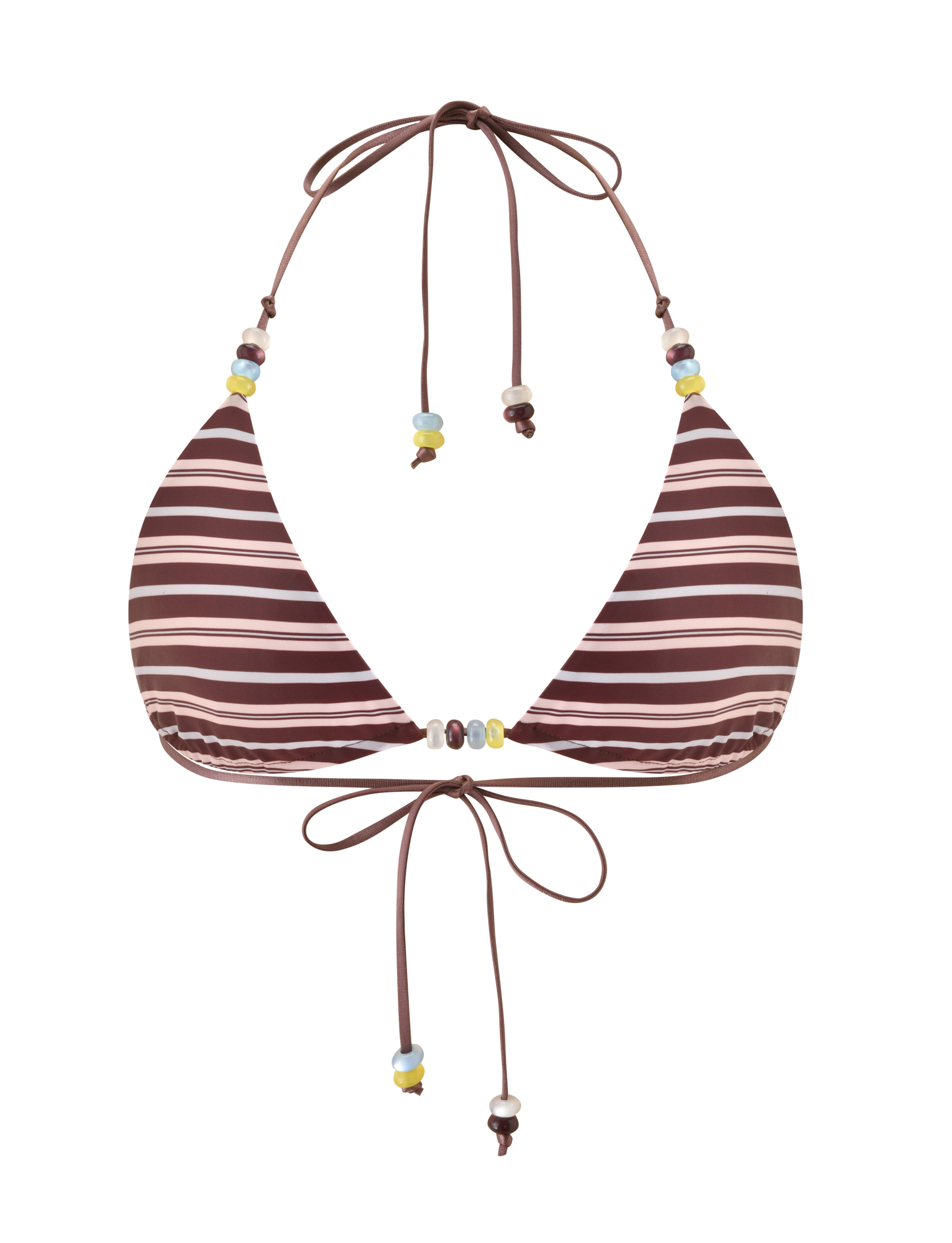 The TIGERMIST FINLEA REVERSIBLE BIKINI TOP in brown and blue stripe features an adjustable triangle cut with halter neck and back ties, plus multicolour beaded details on the strings. Shown against a plain white background.