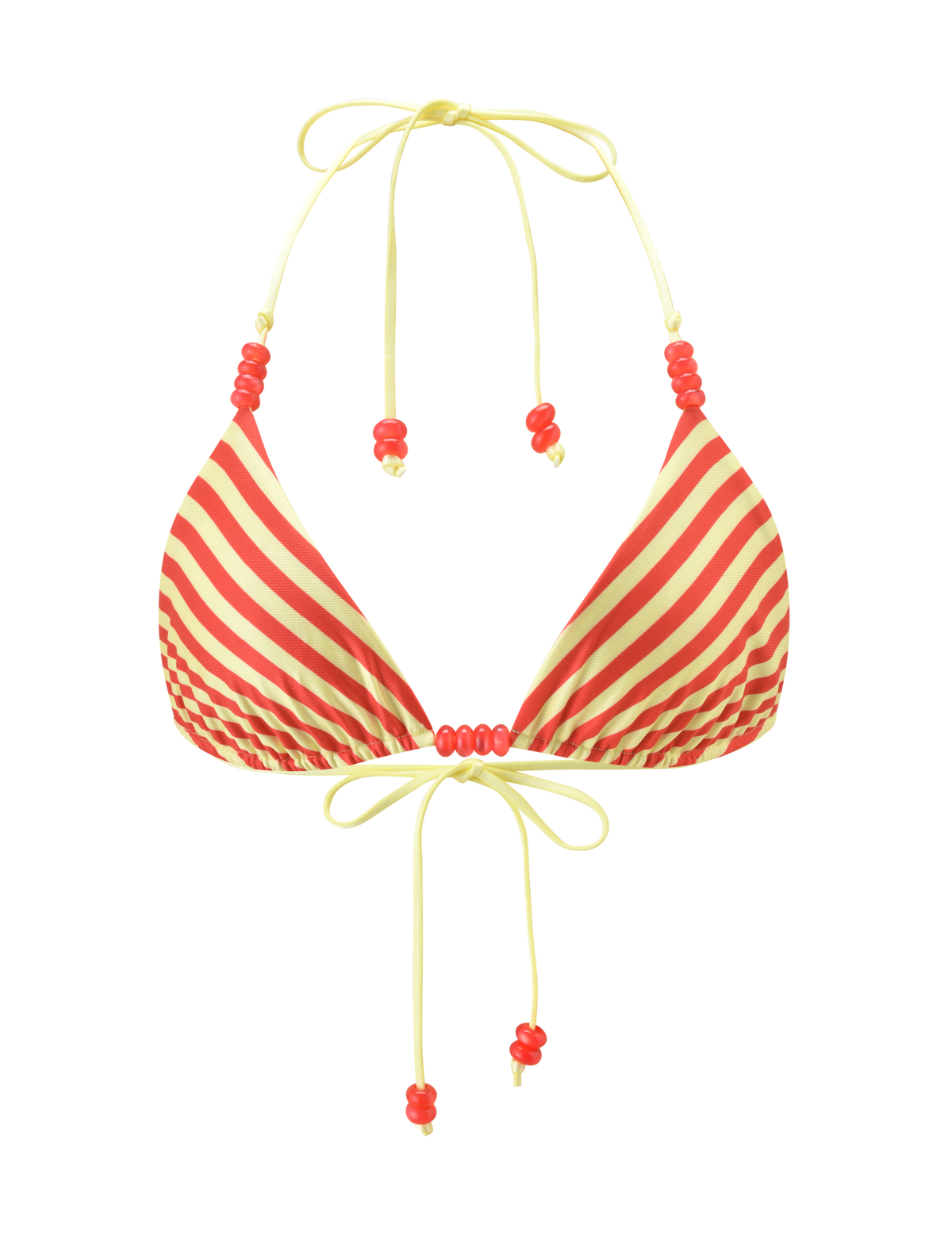 The TIGERMIST FINLEA REVERSIBLE BIKINI TOP features diagonal yellow and red stripes, yellow neck and back ties, and small red bead details on the strings.