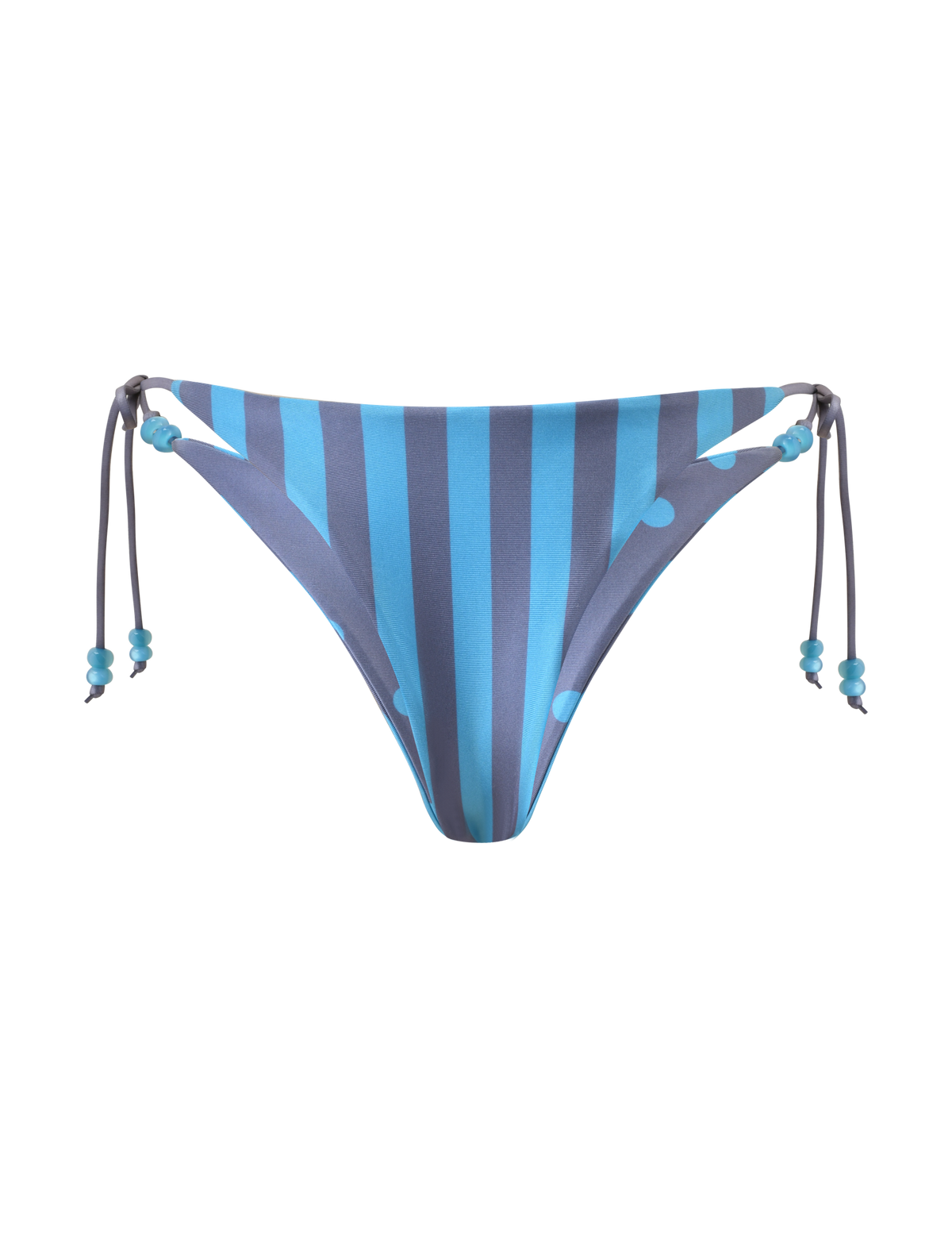 TIGERMIST FINLEA REVERSIBLE BIKINI BOTTOM in blue grey dot and stripe features a cheeky cut, side ties, beaded accents, and is shown on a plain white background.