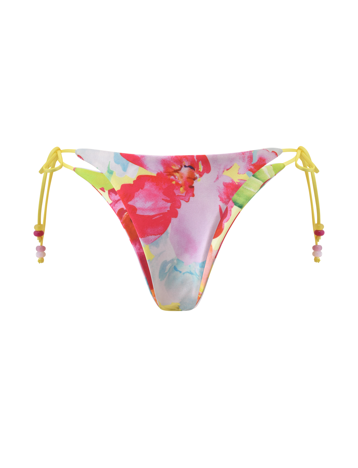 The TIGERMIST FINLEA REVERSIBLE BIKINI BOTTOM in Garden Daiquiri Floral features a pink, red, and green watercolor floral print, a cheeky cut, and yellow side strings with bead accents, shown on a plain white background.