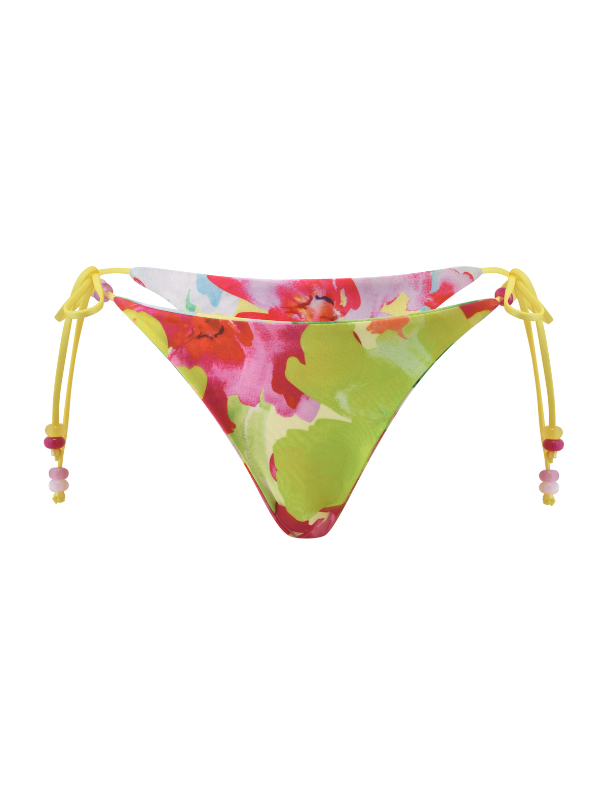 The TIGERMIST FINLEA REVERSIBLE BIKINI BOTTOM in Garden Daiquiri Floral features a multicolour abstract flower pattern, yellow side string ties with colorful beads, and a cheeky cut for a playful summer look.
