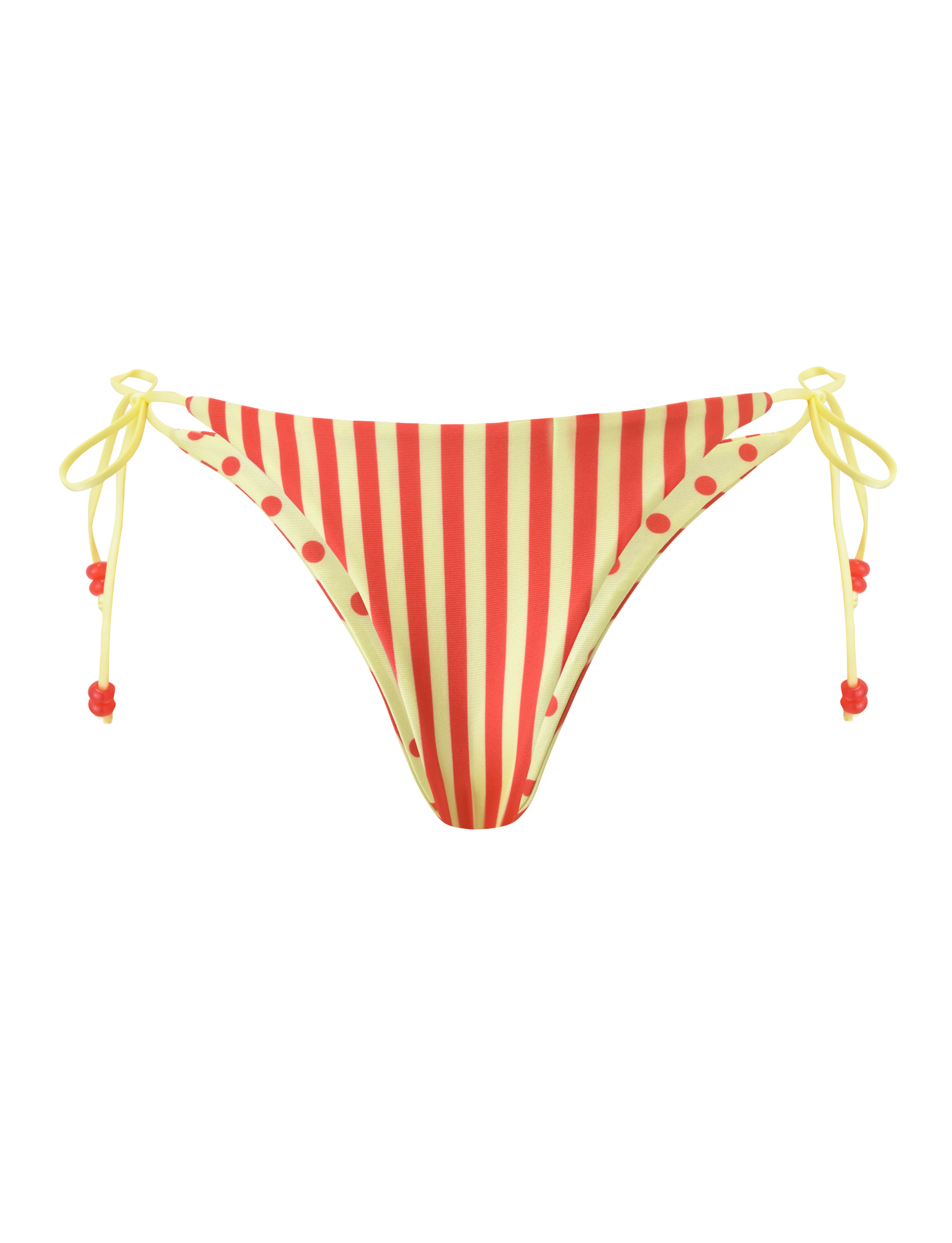 The TIGERMIST FINLEA REVERSIBLE BIKINI BOTTOM in red, yellow dot and stripe features a cheeky cut, yellow side ties with red flower beads, and is shown on a plain white background.
