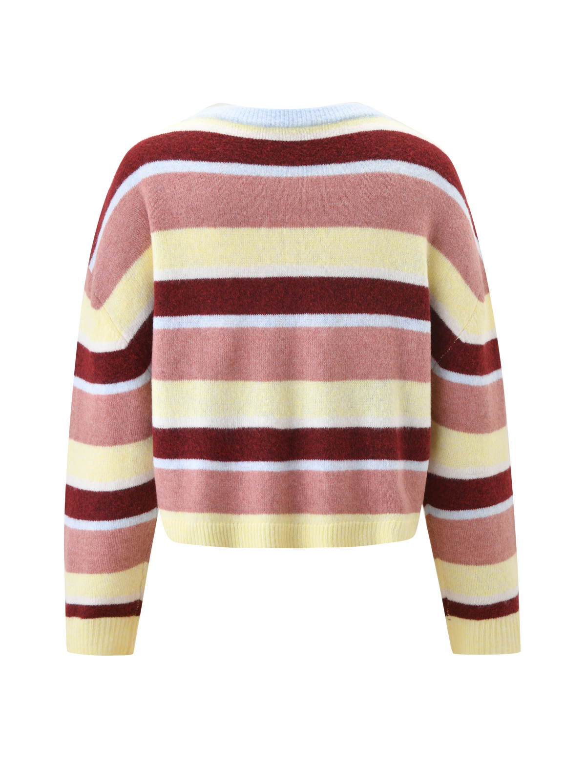 The TIGERMIST KOA 2.0 STRIPED JUMPER - TAN STRIPE features horizontal stripes in burgundy, pink, white, and yellow, displayed from the back against a plain white background.