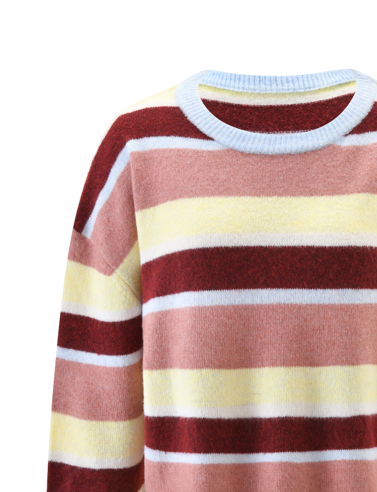 A close-up of the TIGERMIST KOA 2.0 STRIPED JUMPER in tan stripe, featuring wide horizontal stripes and a light blue ribbed crew neckline.