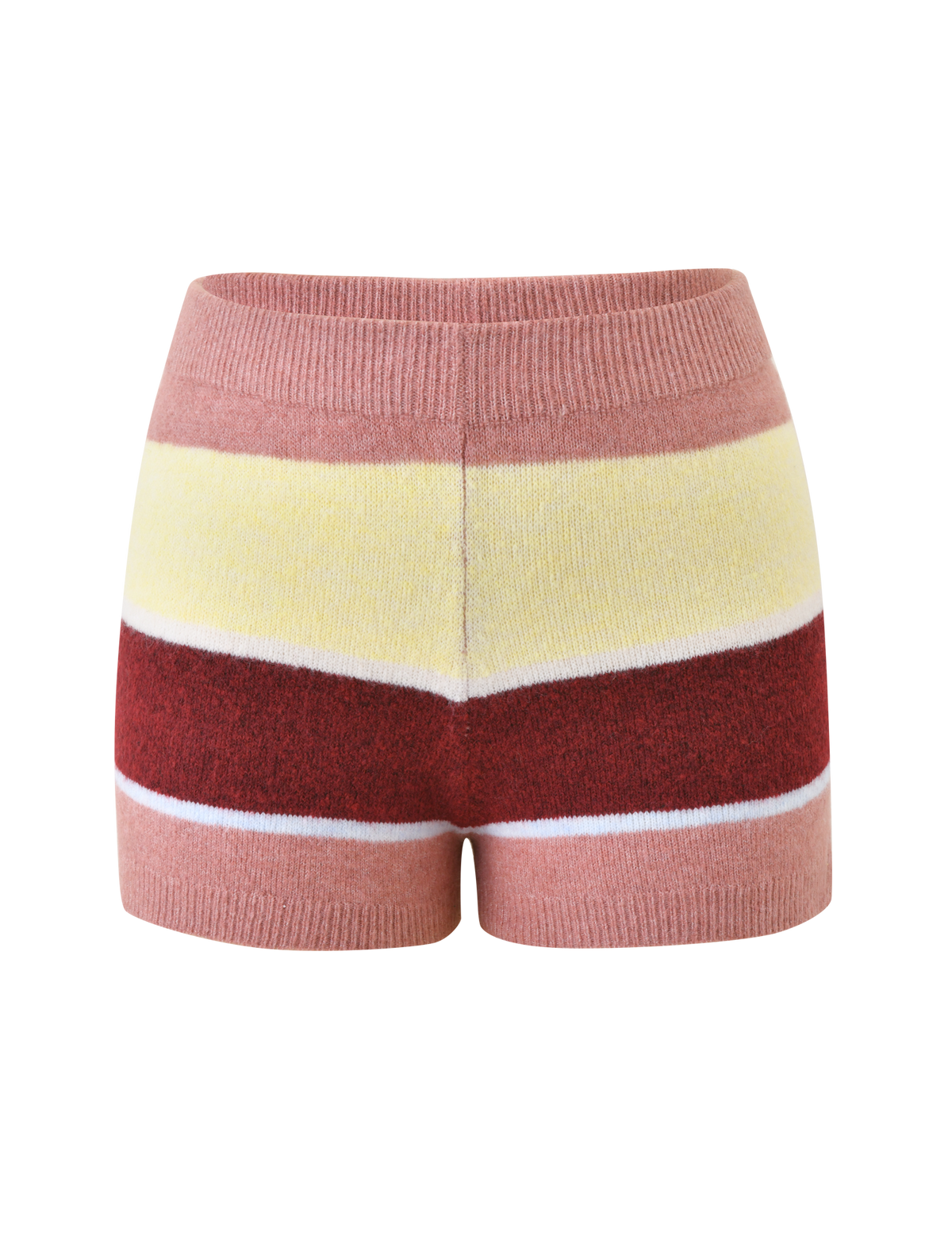 The TIGERMIST KOA 2.0 STRIPED SHORT - TAN STRIPE is a high-waisted, fitted mini short with cozy appeal and multicolour stripes in pink, yellow, red, and white.