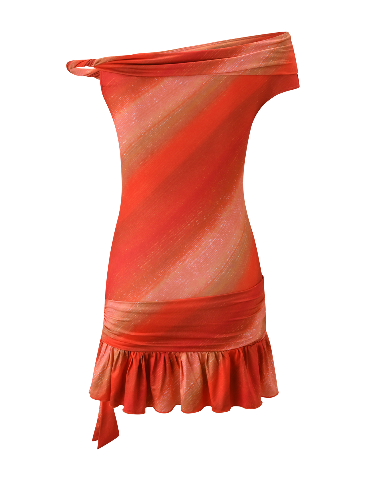 The HAELO MINI DRESS by TIGERMIST features a striking sunrise glitter stripe, an asymmetrical neckline, one-shoulder design in orange and red, diagonal stripes, ruched hip detail, ruffled hem, and a side tie.