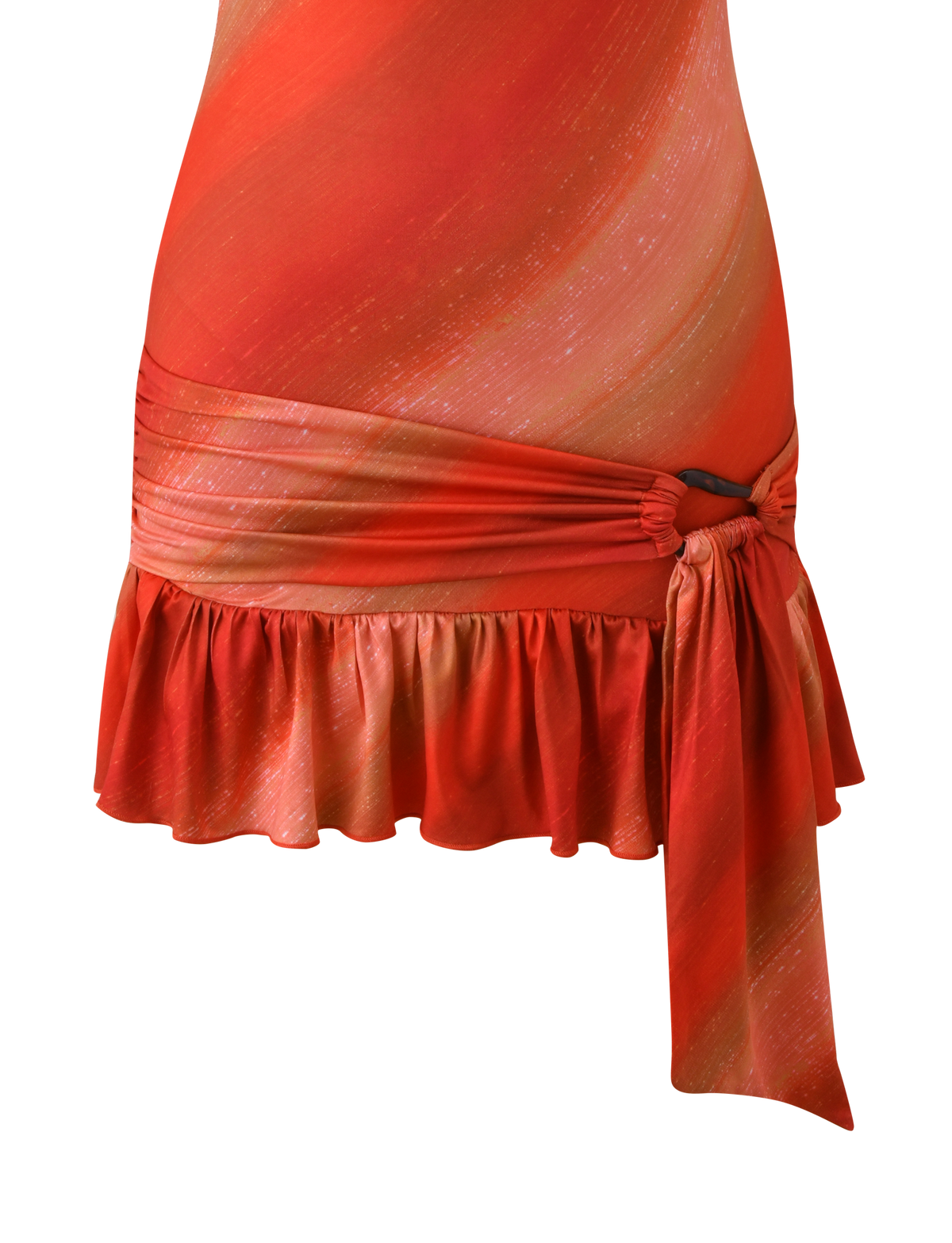 Close-up of the HAELO MINI DRESS - SUNRISE GLITTER STRIPE by TIGERMIST, featuring a red-orange ombre effect, glitter stripes, fitted silhouette, ruffled hem, and a side tie with a ring accent for a bold look.