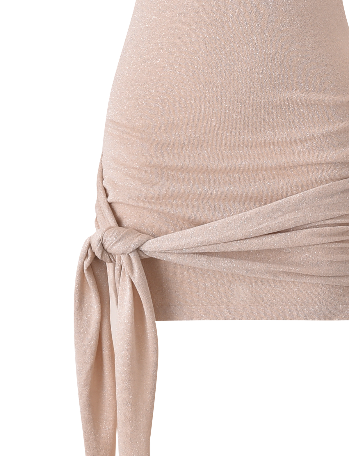 Close-up of the TIGERMIST SOTERA KNIT MINI DRESS in gold, showcasing its shimmery finish and fabric tie at the hip for a draped effect. The image is cropped to highlight only the lower torso and upper thighs.