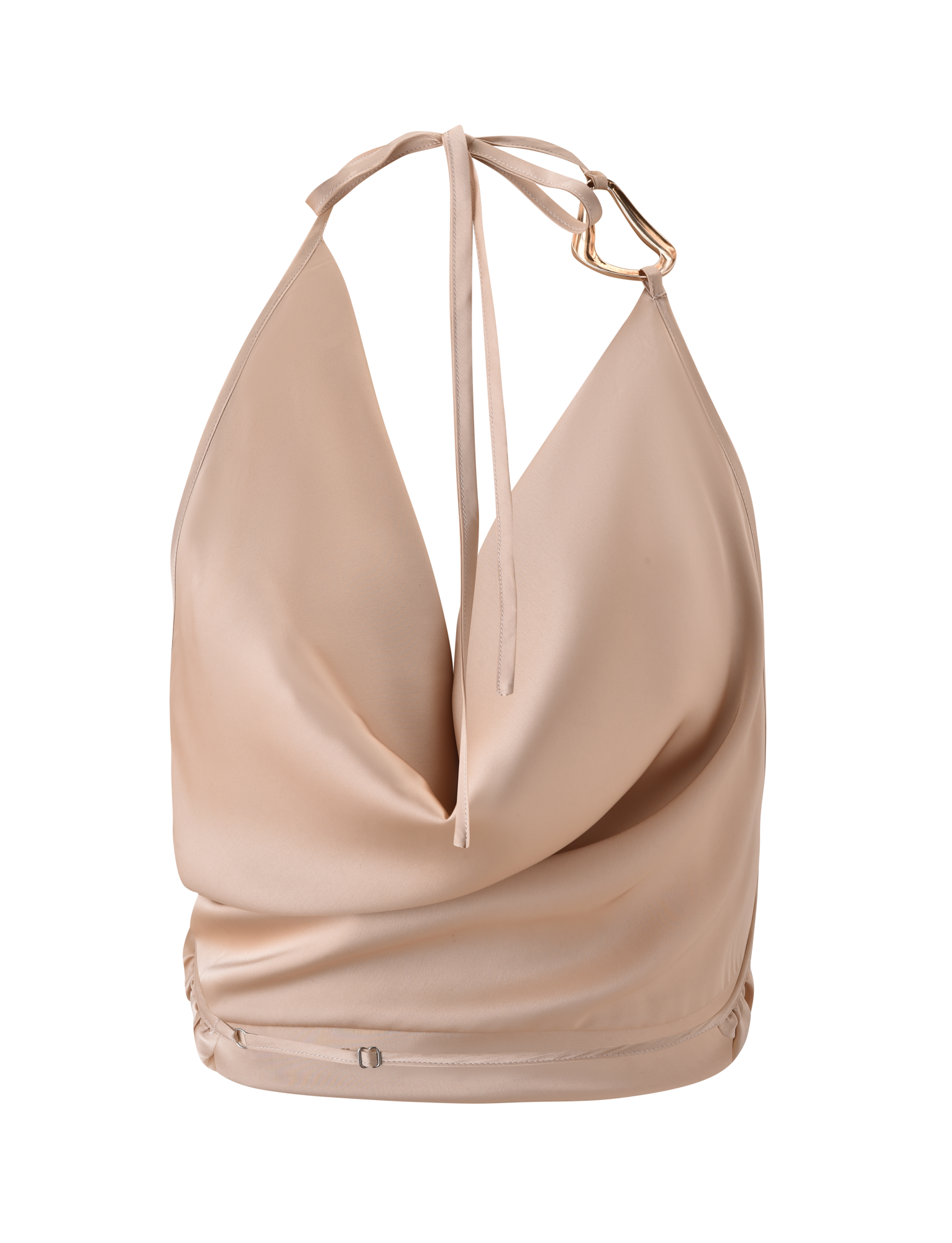 The TIGERMIST CYRENE SATIN COWL TOP in gold features a sleeveless, draped cowl neckline, adjustable halter neck tie, open back, and a gold metal accent on one strap, shown against a plain white background.