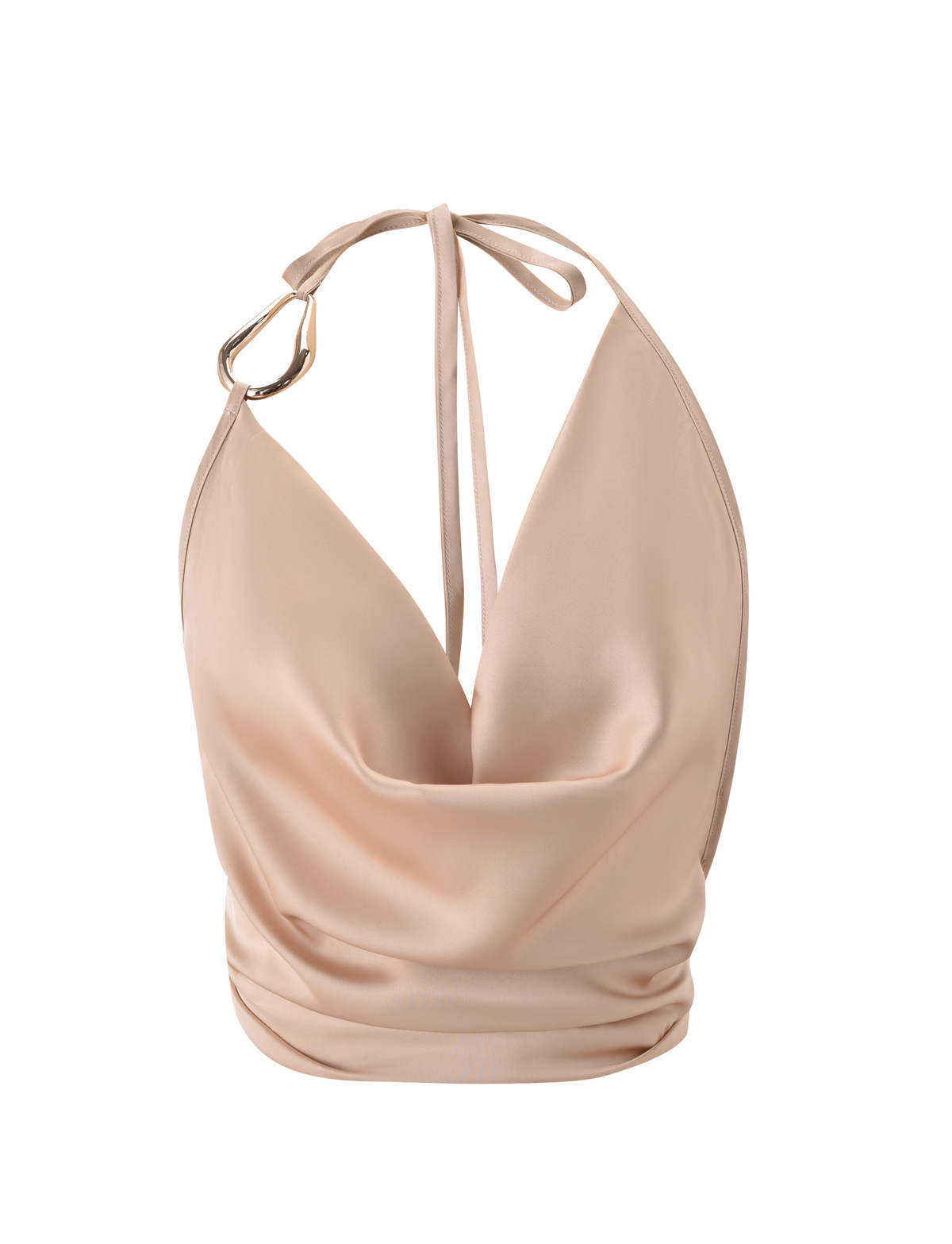 The CYRENE SATIN COWL TOP - GOLD by TIGERMIST features a beige gold satin finish, cowl neckline, halter strap with tie closure, open back, and a gold ring accent for a soft, elegant look.