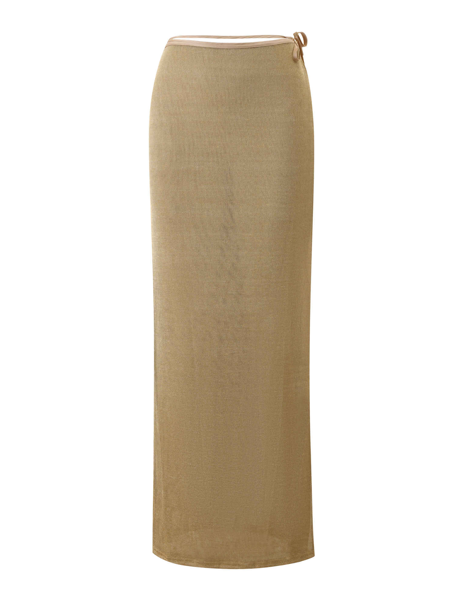 The CYRENE TIE MAXI SKIRT by TIGERMIST is a long, gold metallic knit skirt with a straight silhouette, semi-sheer finish, slight shine, and a small tie waistband detail.