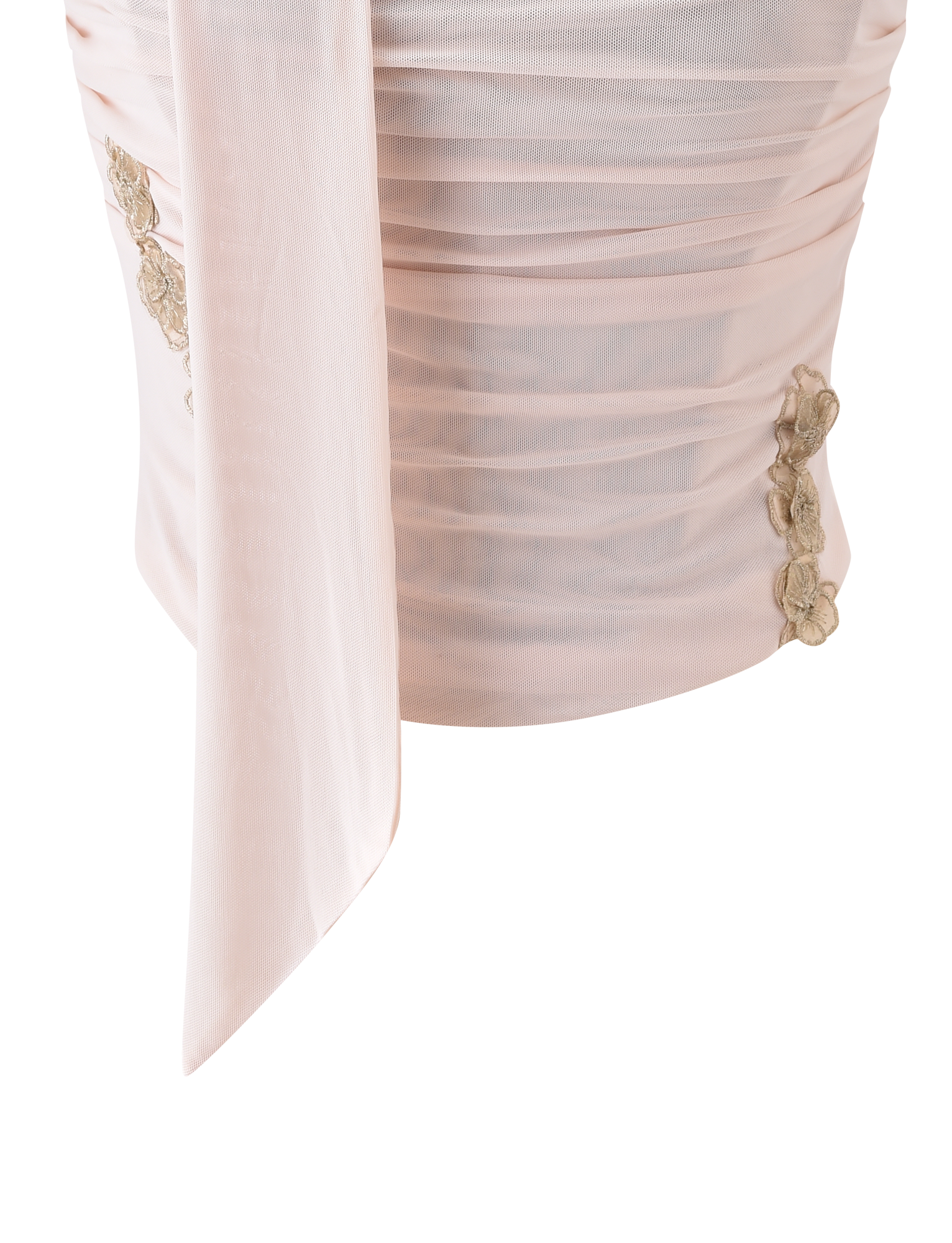 Close-up of the TERESE FLORAL APPLIQUE CORSET by TIGERMIST in tan, featuring cream ruched mesh fabric, a long sash, and delicate metallic gold floral appliques along the sides.