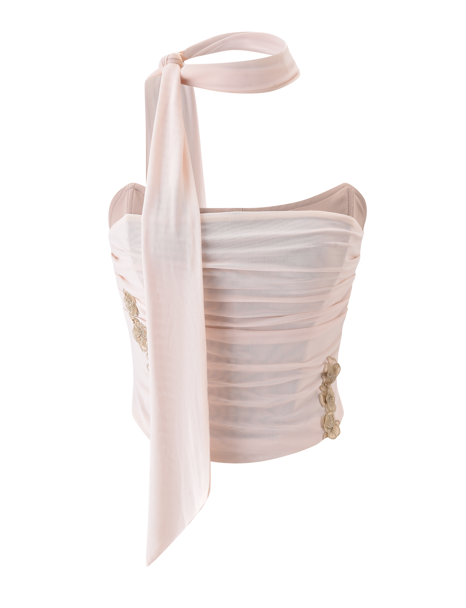 The TERESE FLORAL APPLIQUE CORSET by TIGERMIST is a tan, strapless ruched crop top with metallic gold floral appliques and a long matching neck tie, shown on a plain white background.