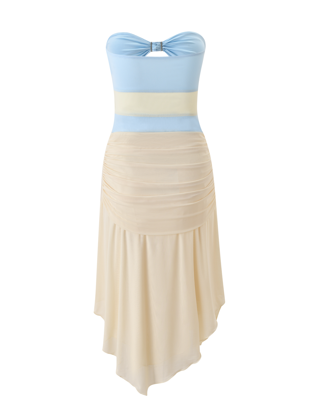 The TWYLA MIDI DRESS by TIGERMIST features a strapless sweetheart neckline, cream and blue color blocking, a ruched bodice with bow detail, and a flowy asymmetrical hem.