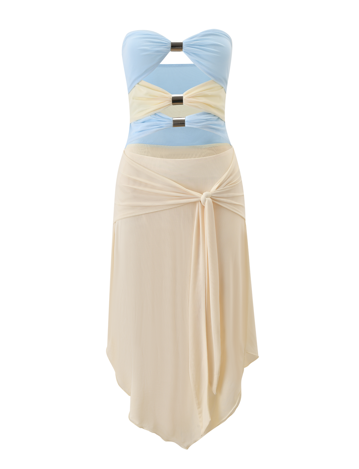The TIGERMIST TWYLA MIDI DRESS in cream and blue features a strapless sweetheart neckline, blue and beige ruched panels, metallic bodice accents, and an asymmetrical beige skirt with a draped front-tied detail.
