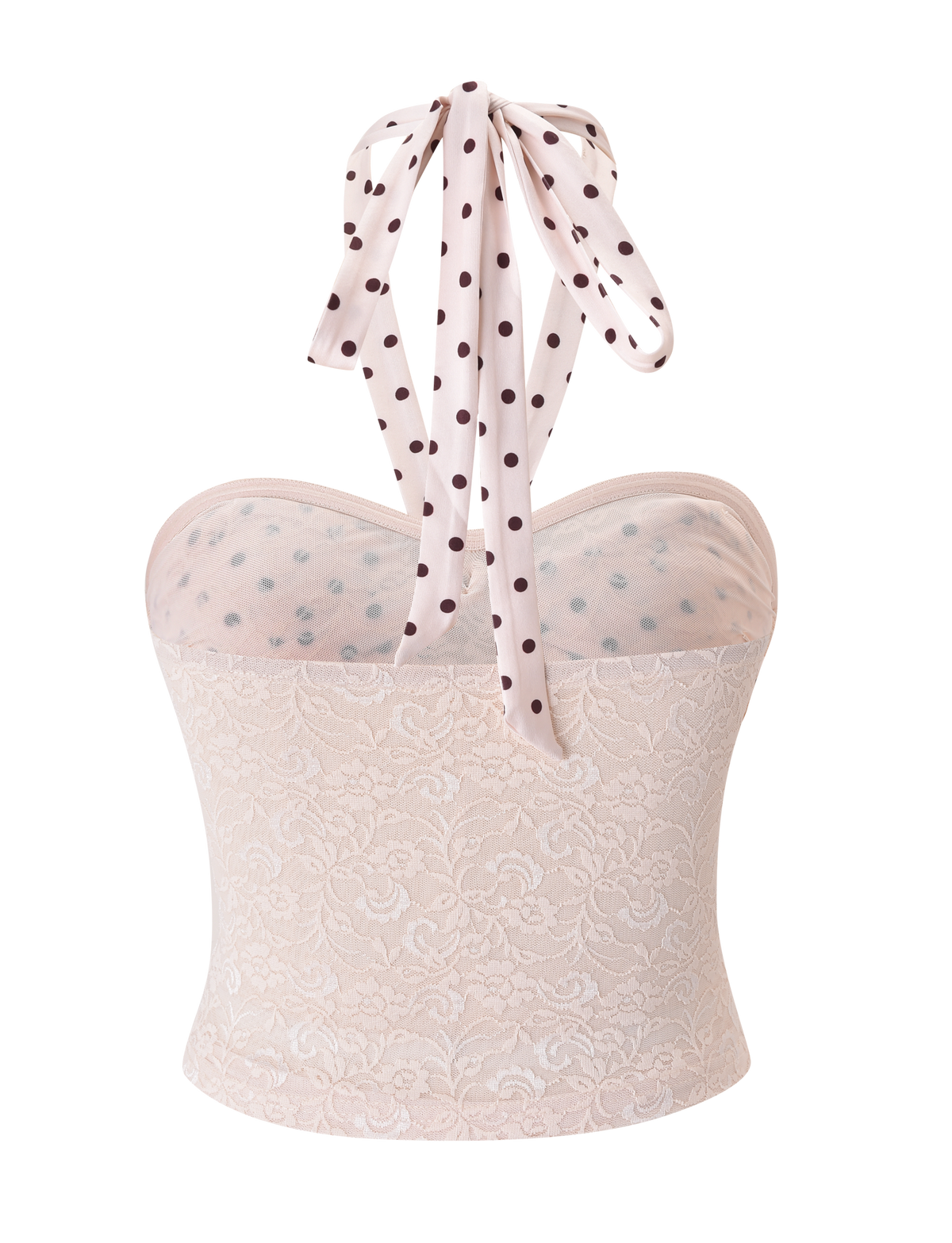 The KAYLI TOP - CREAM by TIGERMIST features a sweetheart neckline, sheer polka dot mesh panel, matching halter tie, and elegant floral lace on a crisp white background.