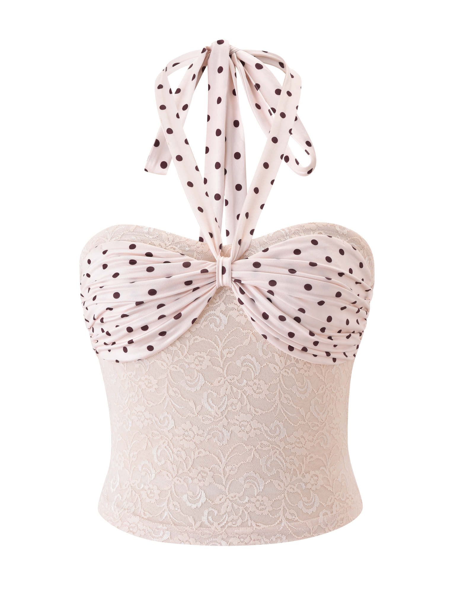 The KAYLI TOP - CREAM by TIGERMIST is a strapless lace bustier with a sweetheart neckline, finished with a knotted white halter strap featuring black polka dots for a fun update on the classic look.