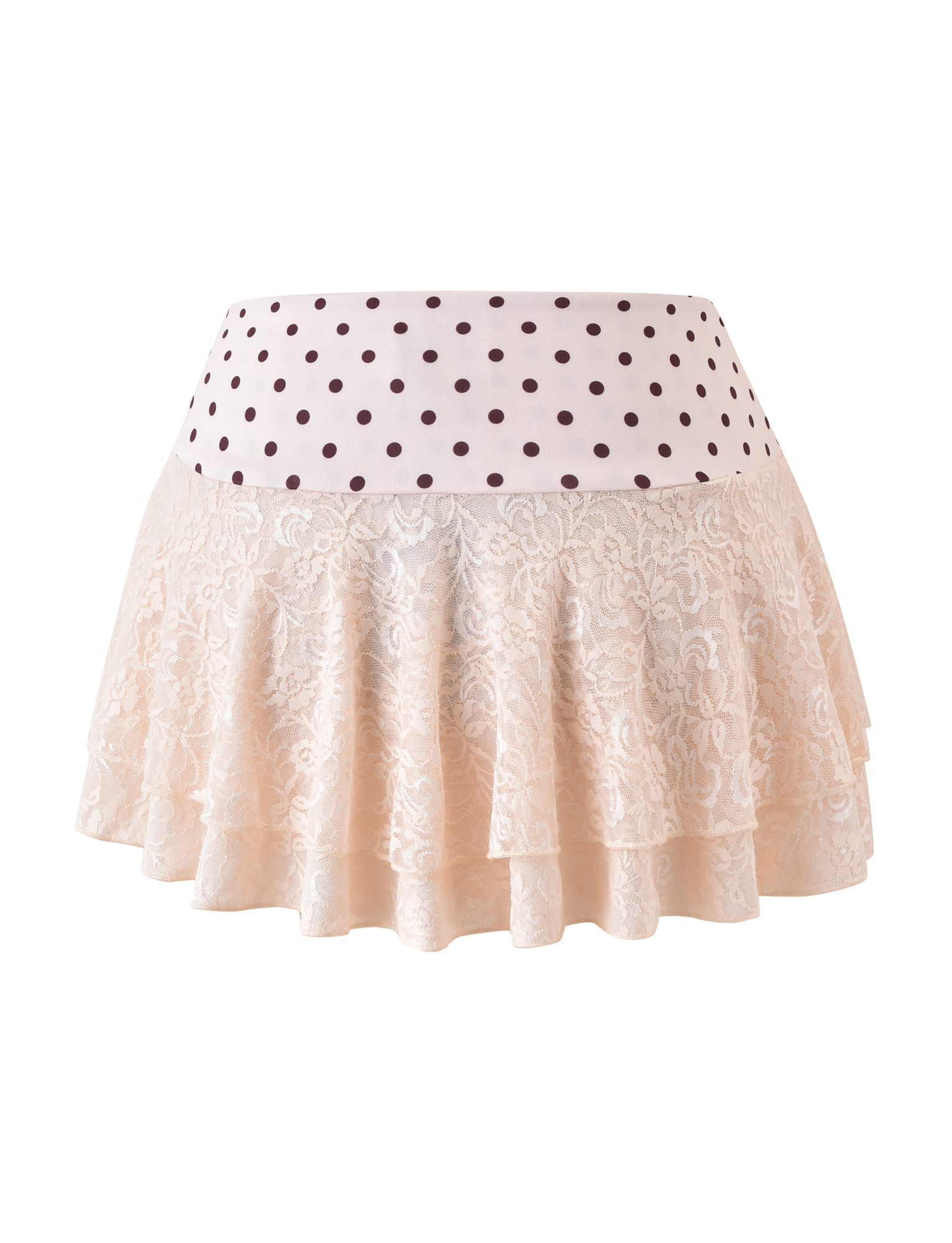 The TIGERMIST KAYLI MINI SKIRT - CREAM features cream polka dot lace, a flared tiered ruffle layer, and a wide white waistband, shown against a white background.