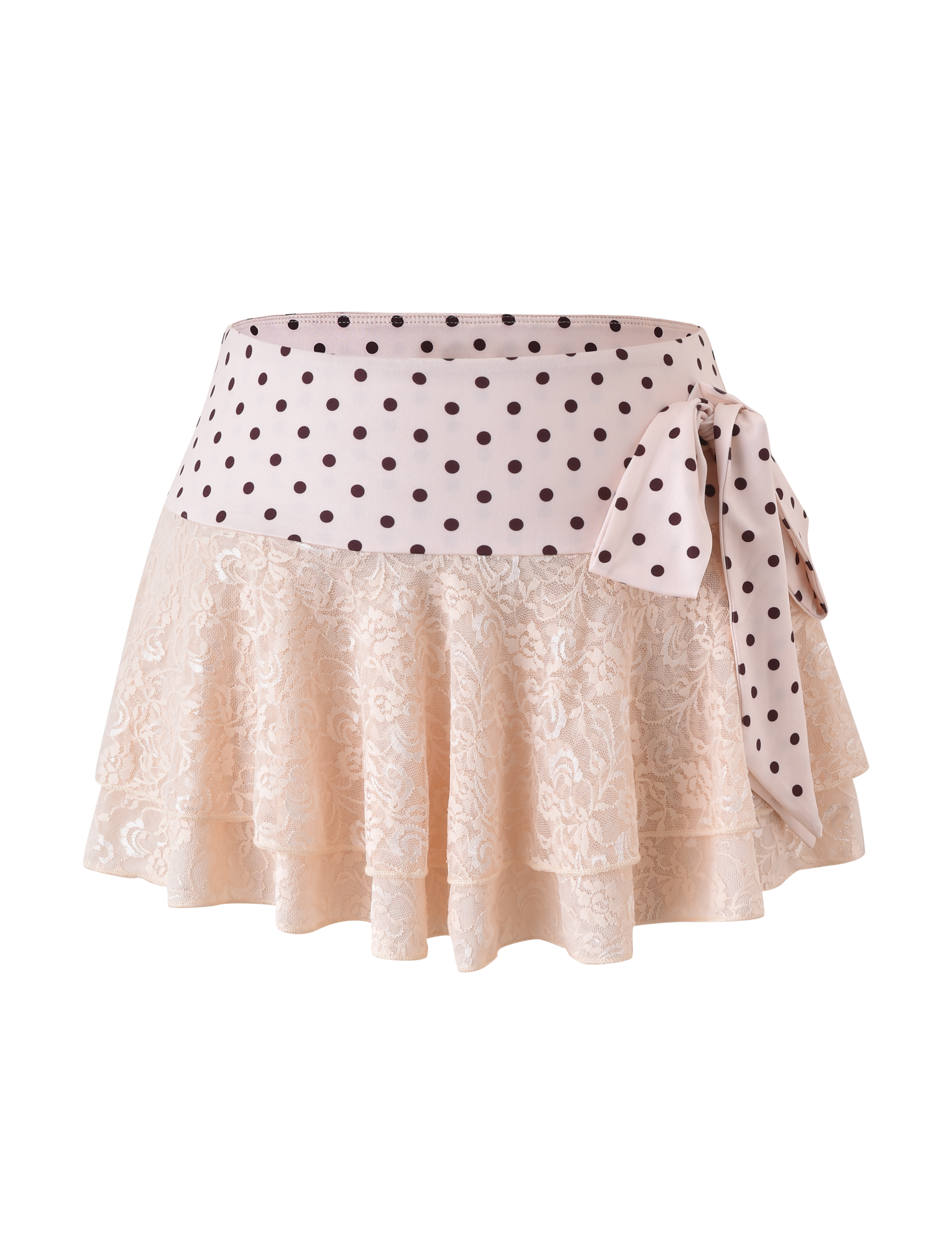 The TIGERMIST KAYLI MINI SKIRT in cream features a wide exclusive print waistband with a side bow and tiered lace ruffle overlay, shown against a white background.