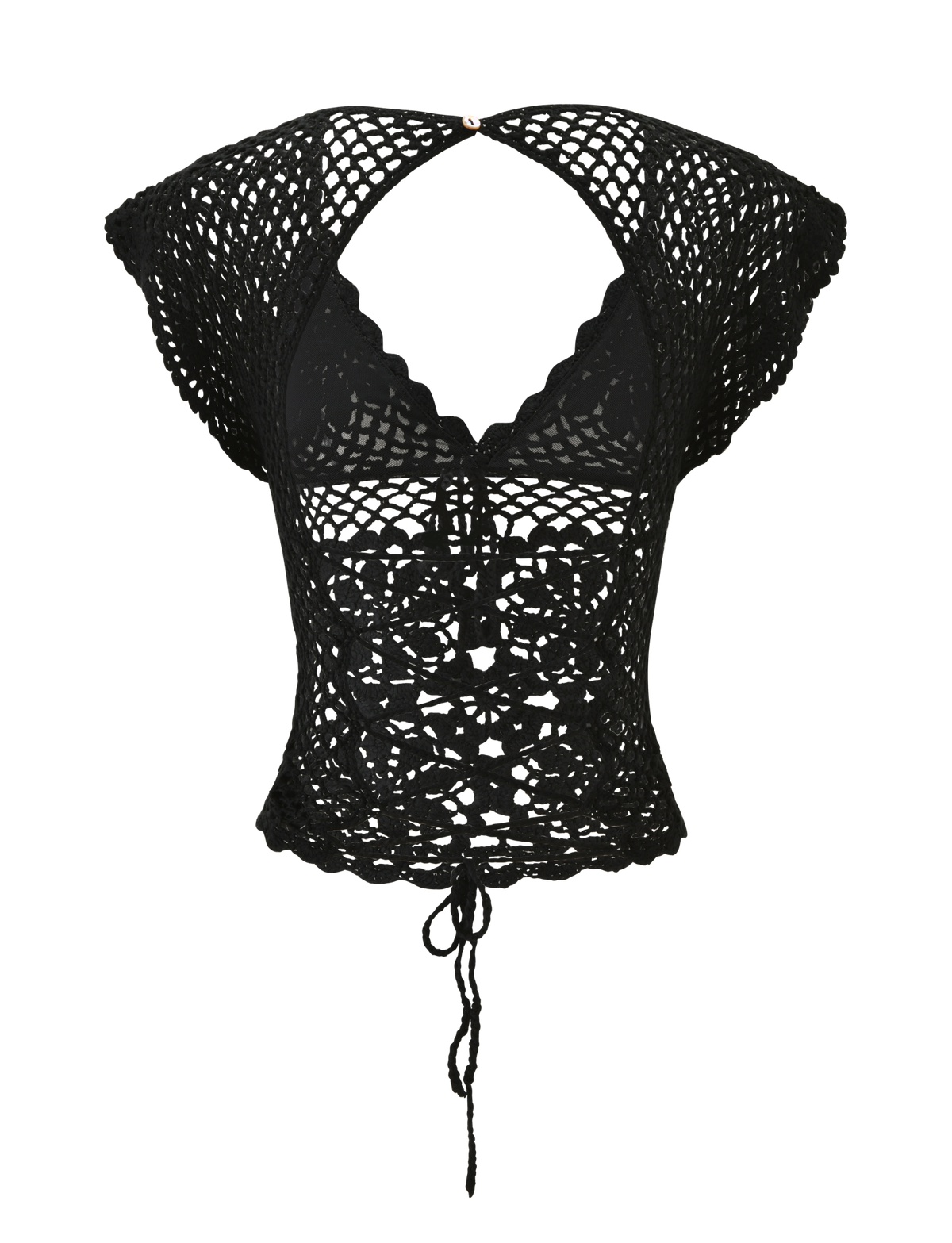 The SASHA CROCHET TOP by TIGERMIST features black floral crochet, short sleeves, scalloped edges, chest keyhole cutout, lace-up back with drawstring tie, and a semi-sheer openwork pattern—ideal for stylish resort wear.
