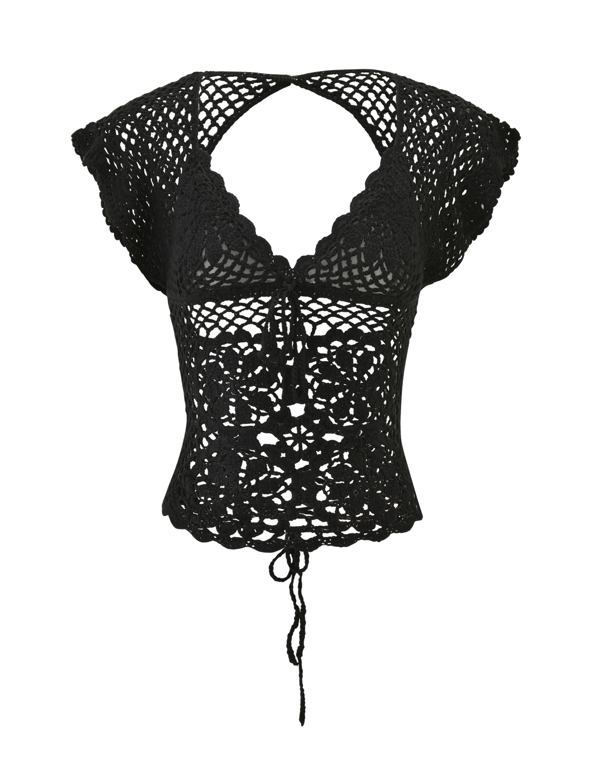 The SASHA CROCHET TOP by TIGERMIST in black features a scalloped plunging neckline, tie front closure, and open floral crochet—perfect for effortless resort styling.