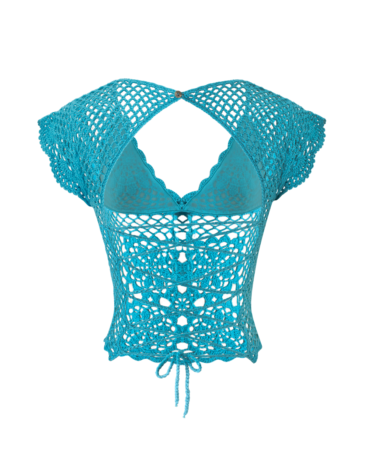 SASHA CROCHET TOP - AQUA in aqua blue floral crochet with scalloped cap sleeves, an open back, cut-out detail, and a drawstring hem.