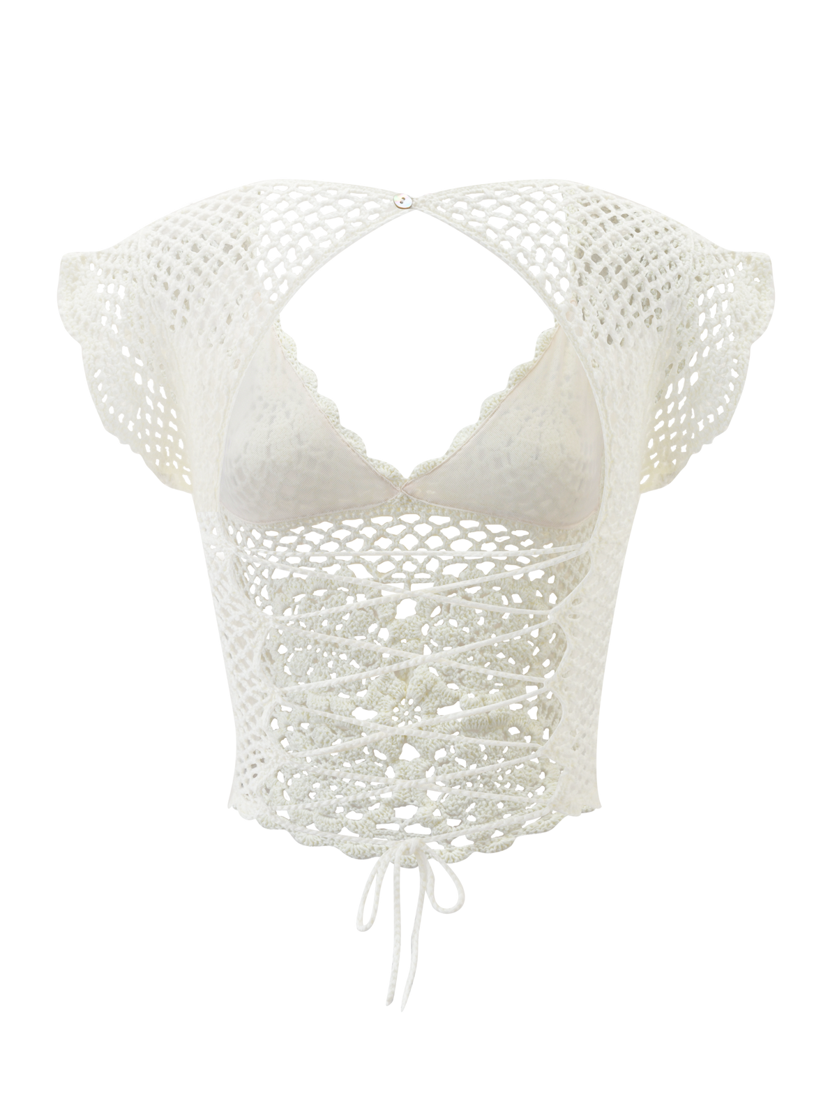 The SASHA CROCHET TOP - IVORY by TIGERMIST features intricate open-knit patterns, corset-style lace-up waist, front keyhole cutout, and scalloped cap sleeves, shown against a plain white background.