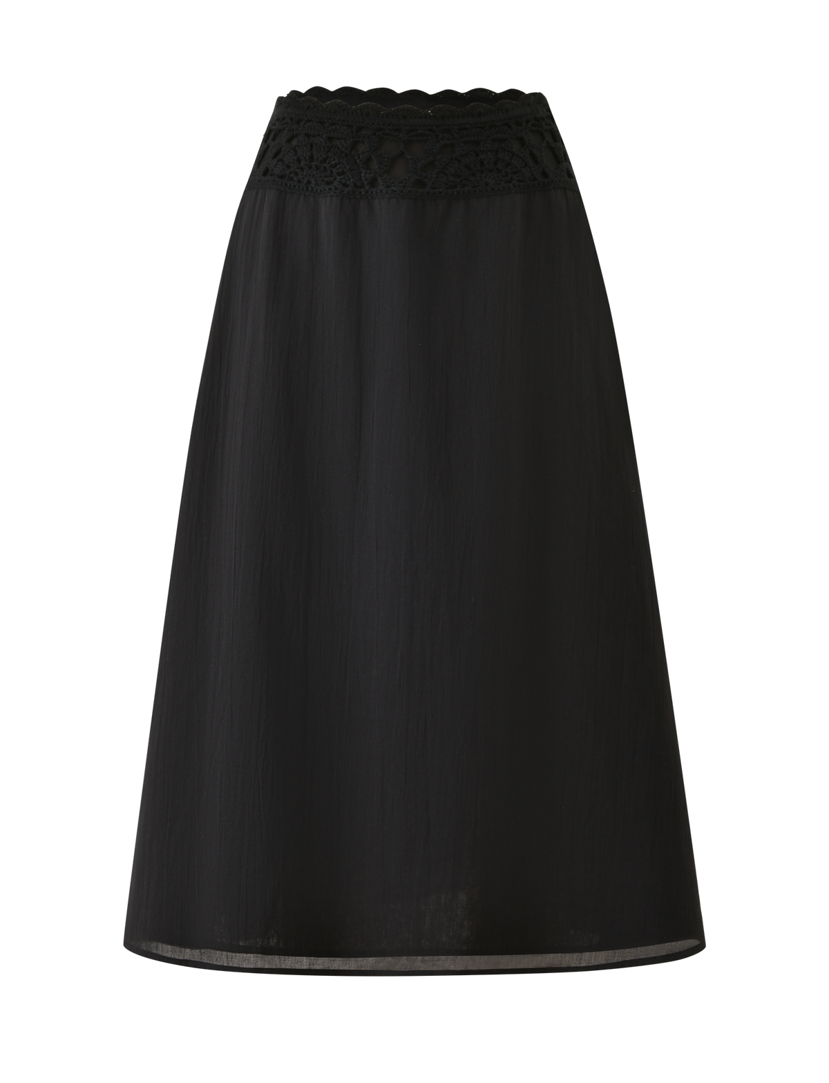 The TIGERMIST SASHA CROCHET MIDI SKIRT in black features cotton poplin fabric, a scalloped crochet waistband, and a subtle sheen. Styled in an A-line silhouette, it's displayed against a plain white background.