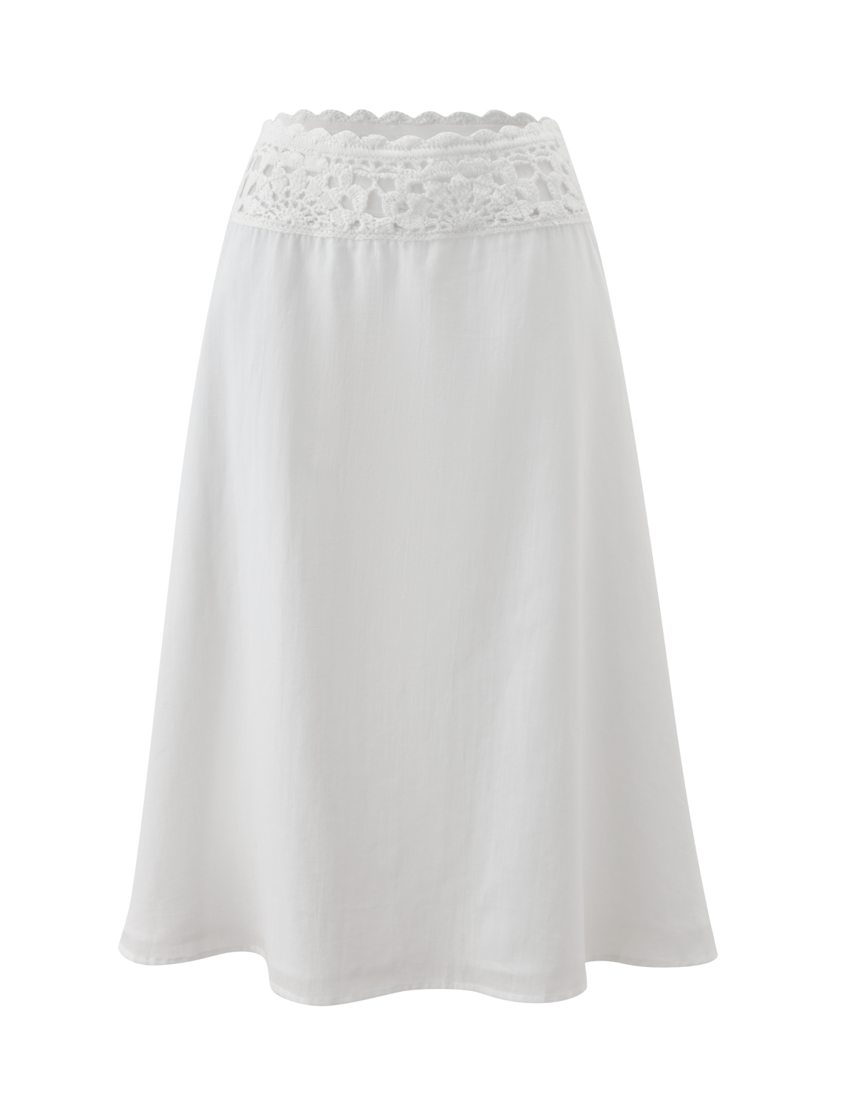 The SASHA CROCHET MIDI SKIRT - IVORY by TIGERMIST is a white A-line midi skirt with a wide crochet waistband and smooth cotton poplin. Shown against a plain white background.