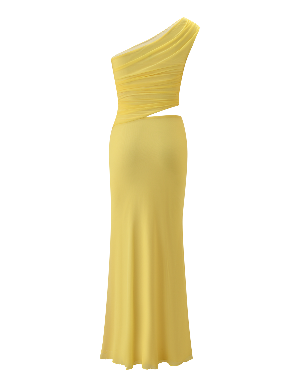 The TIGERMIST COBI 2.0 MAXI DRESS in butter yellow features an elegant asymmetrical design with a one-shoulder neckline, ruched bodice, and a small side waist cutout, displayed on a plain white background.
