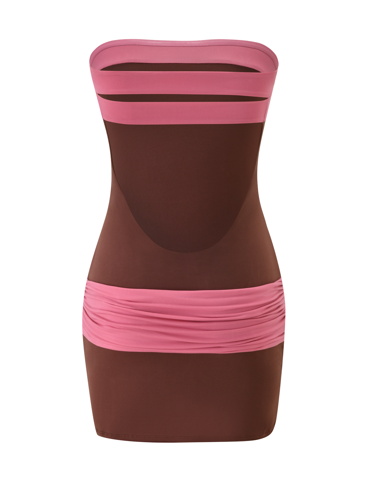 The TIGERMIST EOS MINI DRESS in Espresso and Rose is a strapless, form-fitting style with sheer brown fabric, solid pink bands at the top and hips, and two horizontal cutouts near the bust.