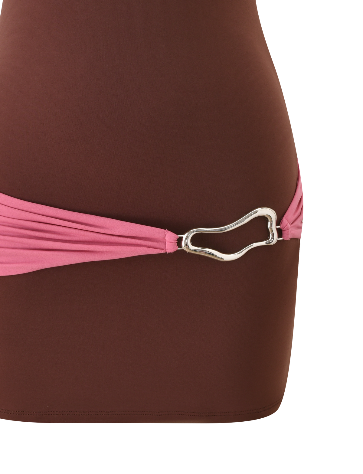 The TIGERMIST EOS MINI DRESS in Espresso and Rose features colour blocking with a pink fabric belt at the hip, finished with a large silver abstract buckle.