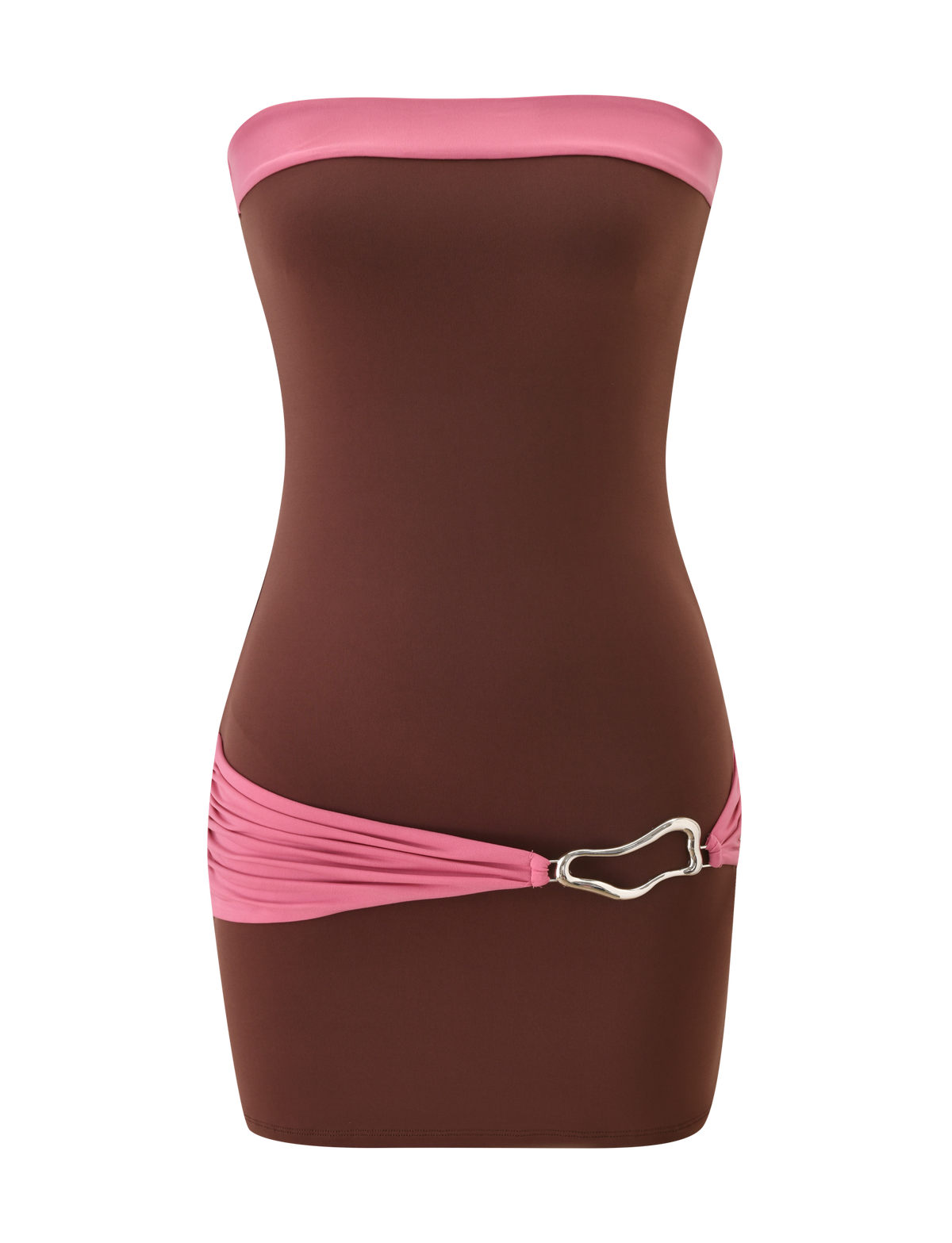 The EOS MINI DRESS by TIGERMIST features a strapless espresso mini silhouette with a rose color-blocked top band, ruched hip sash, and a metallic abstract buckle on the left side.
