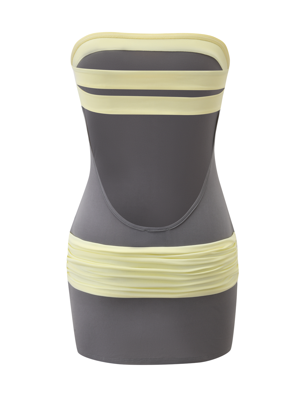 The TIGERMIST EOS MINI DRESS is a strapless, form-fitting mini dress in grey with pale yellow horizontal bands at the chest and waist, featuring an open back design.