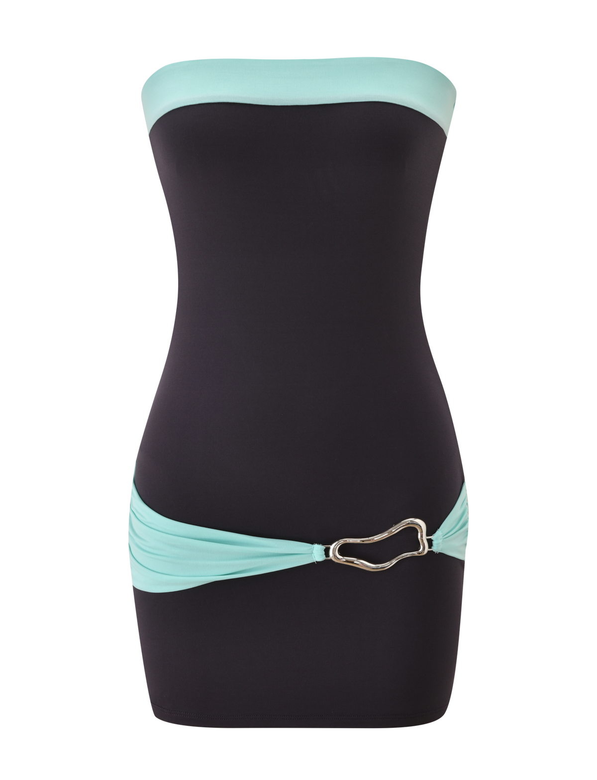 The EOS MINI DRESS by TIGERMIST features a strapless black mini silhouette with a light blue top band, matching ruched belt, and gold buckle for bold color-blocked style.