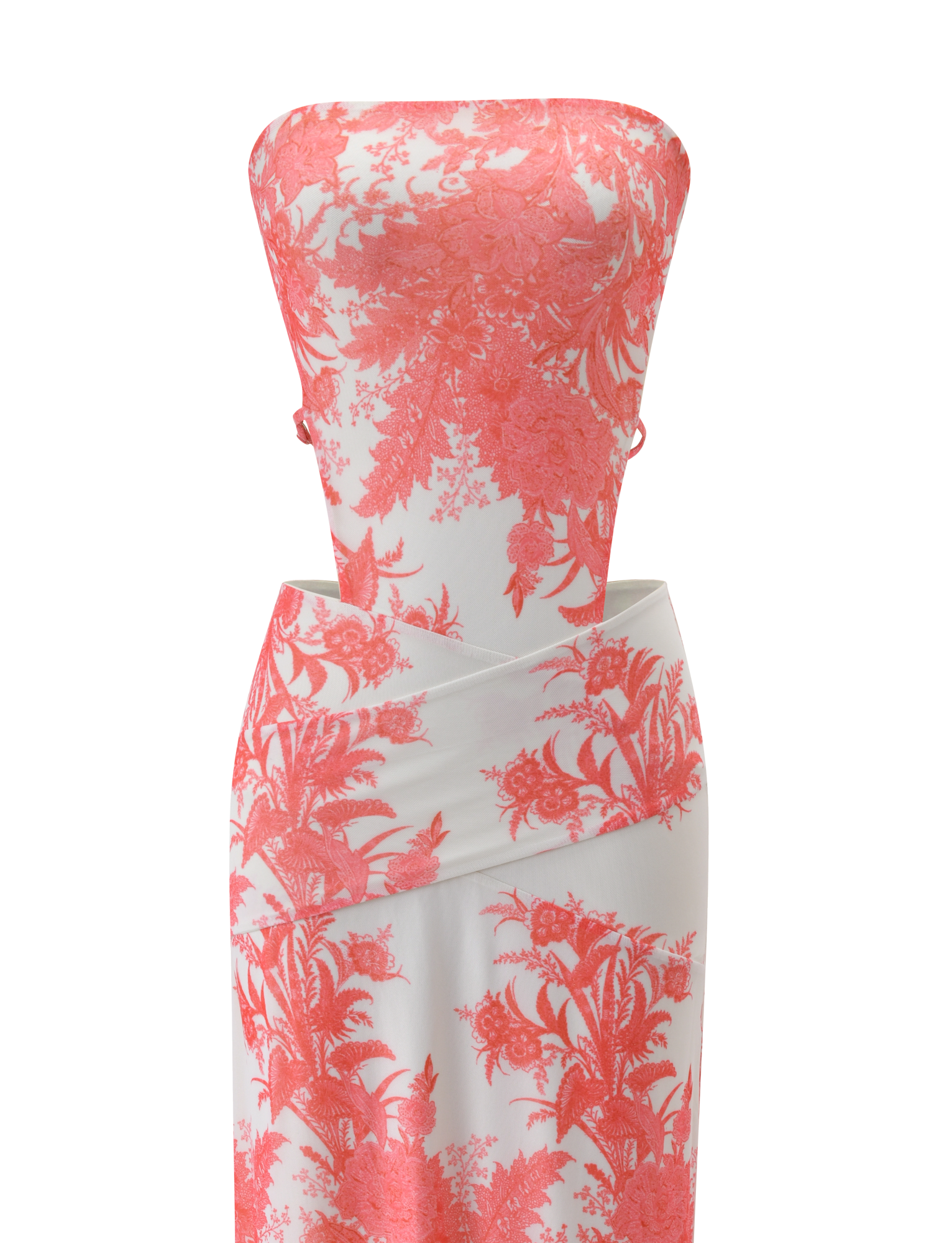 The POPPI MAXI DRESS by TIGERMIST is a strapless white dress with a fitted bodice, wrap-style skirt, and vibrant coral tapestry floral lace embroidery.