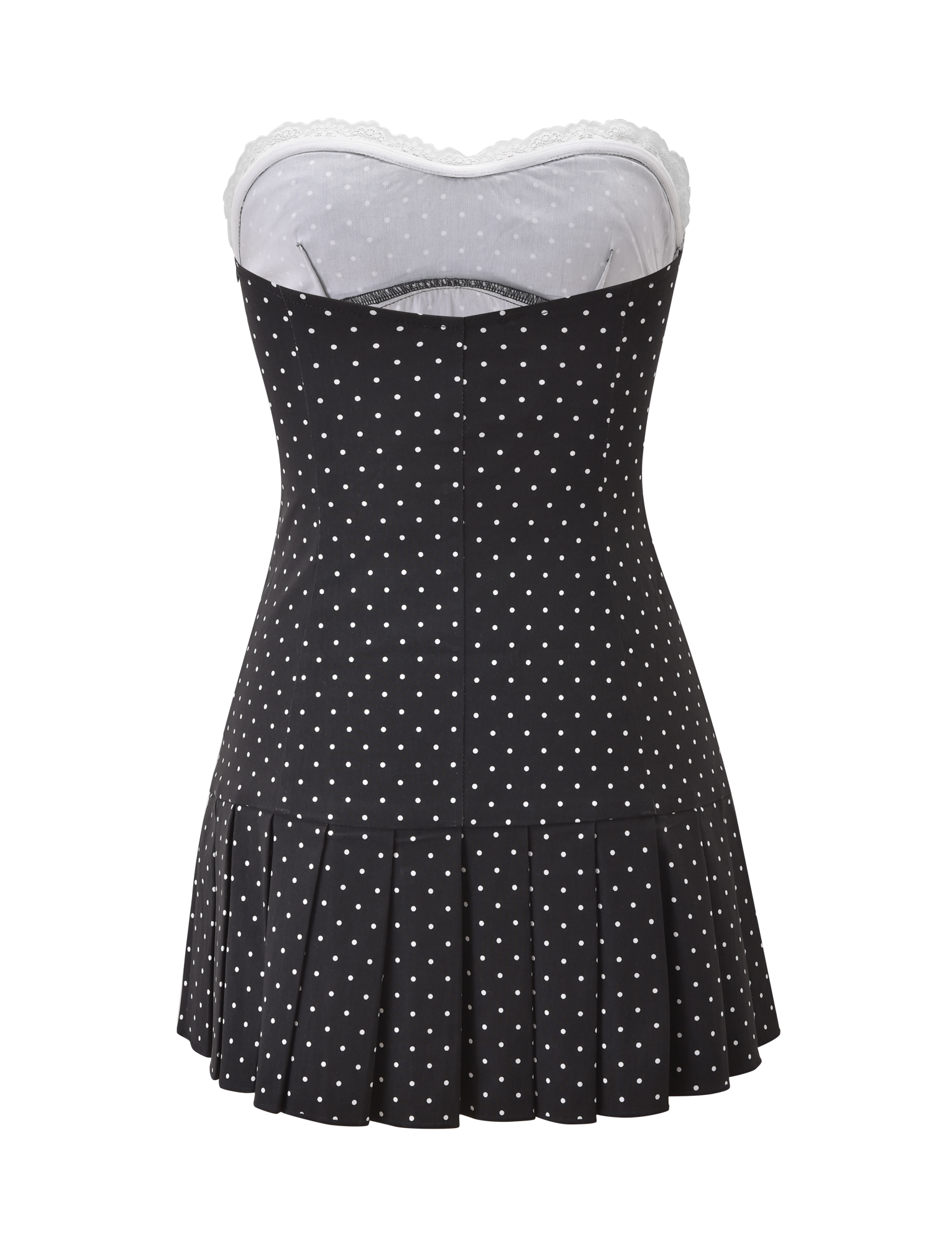 The KITTIE LACE PLEAT DRESS - BLACK DOT by TIGERMIST is shown from the back, featuring a strapless polka dot design with a sweetheart neckline, white lace-trimmed bodice, and black pleated skirt against a plain white background.