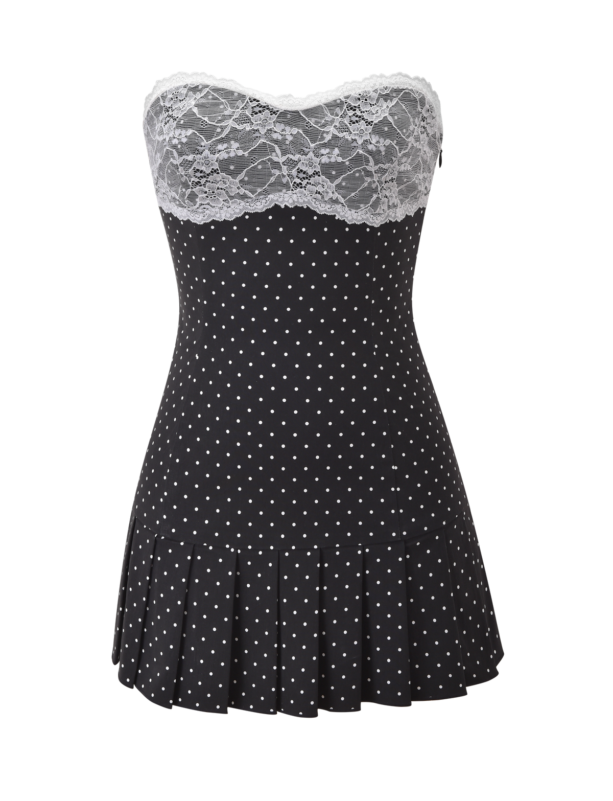 The KITTIE LACE PLEAT DRESS - BLACK DOT by TIGERMIST is a strapless polka dot mini dress with a lace bust, white lace bodice, sweetheart neckline, and pleated skirt, shown on a plain white background.