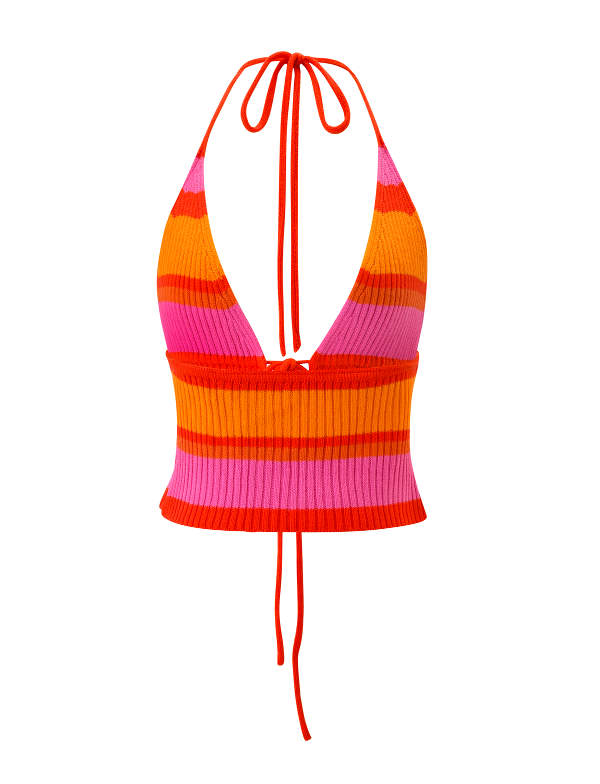 The TIGERMIST EVERLY CROCHET HALTER TOP - SUNSET TROPICAL STRIPE is a sleeveless top with red, orange, and pink stripes, a deep V-neck, and long red neck and back ties.
