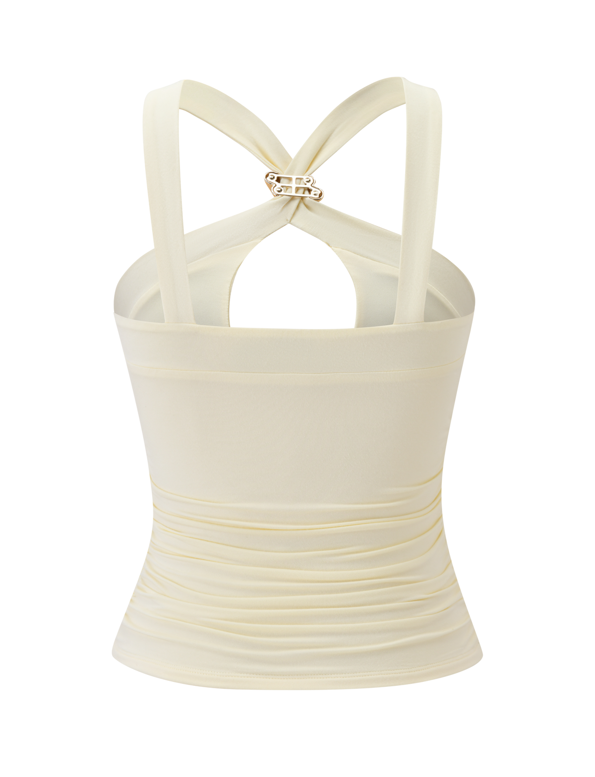 The TIGERMIST FINCH TOP - CREAM features a keyhole cutout, ruched details, cross-back straps, and a twisted gold clasp. Its fitted fabric has a subtle shine, adding a stylish finish. Pictured on a plain white background.